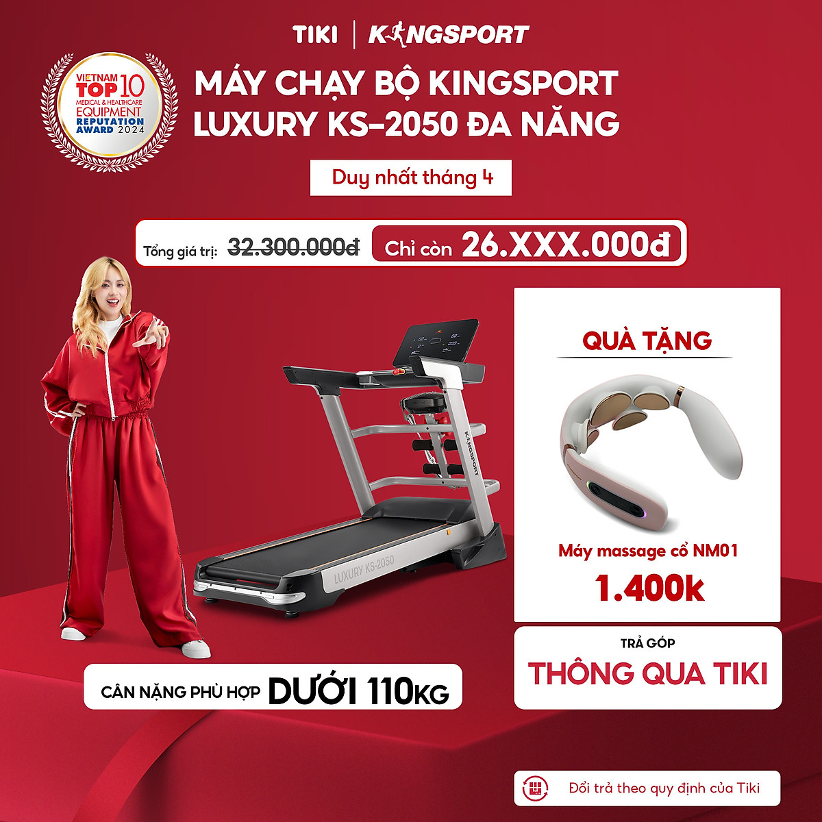 CHỈ GIAO MIỀN NAM I Máy chạy bộ tại nhà KingSport Luxury KS-2050 Đa Năng Có Chức Nâng Dốc Tự Động, Kèm Theo Đai Massage Và Thanh Gập Bụng