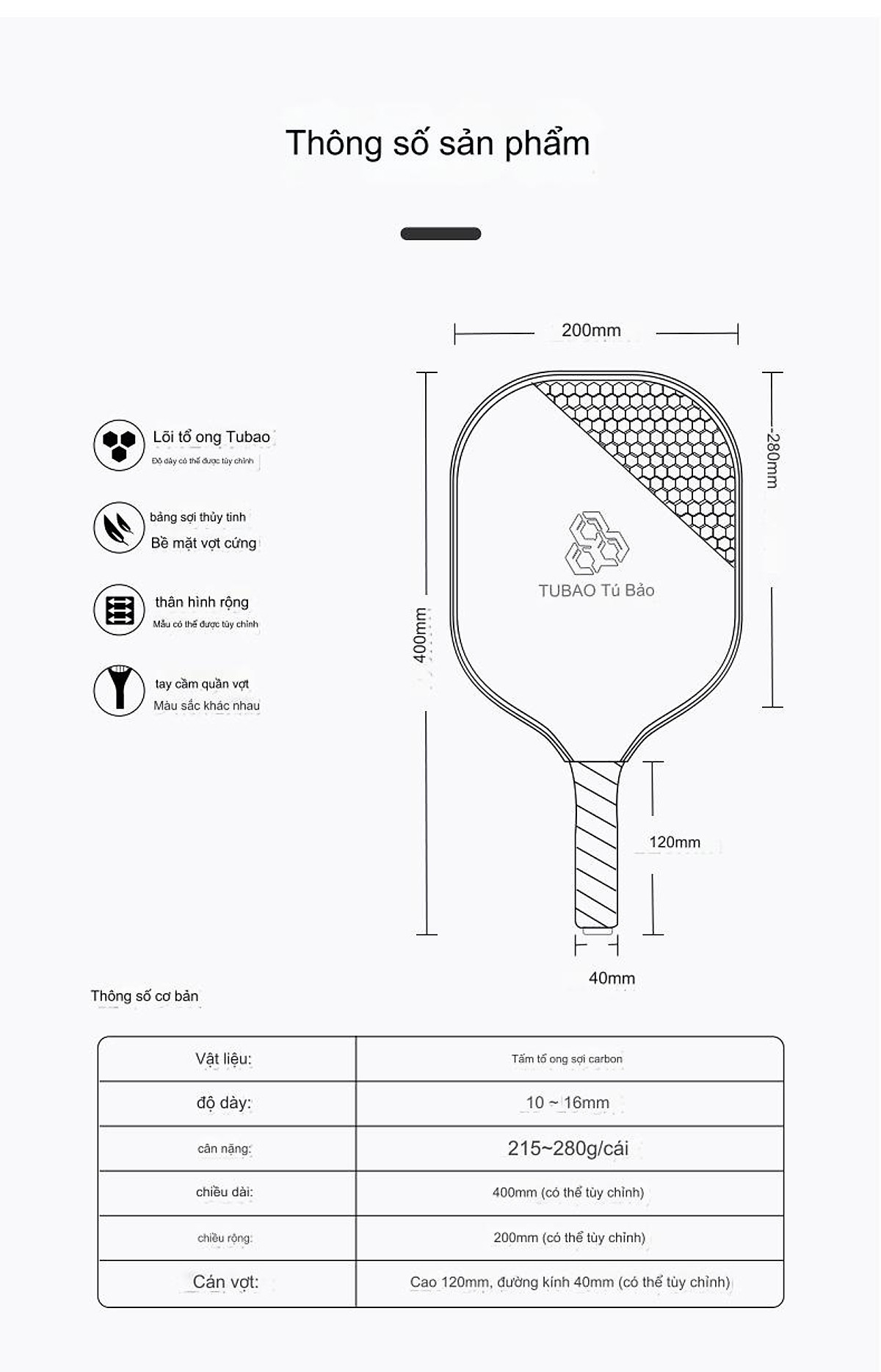Bộ 2 Vợt Pickleball Sợi Carbon Cao Cấp Tubao Hàng Chính Hãng + Kèm Túi Chống Sốc Và 4 Bóng