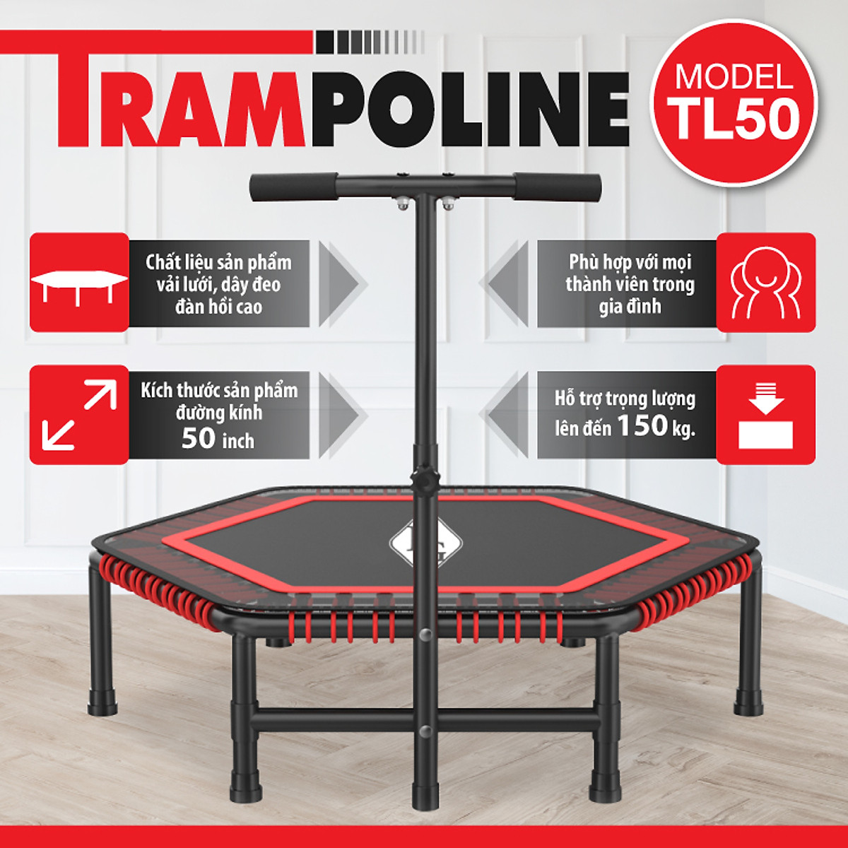 BG Sàn nhún, Đệm bật nhún cao cấp có tay cầm dành cho mọi lứa tuổi TRAMPOLINE 50INCH (hàng nhập khẩu)