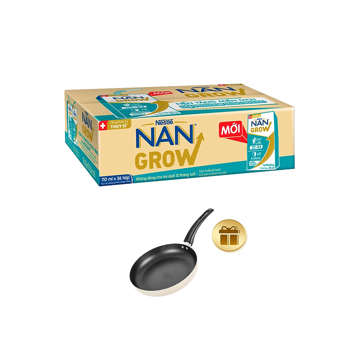 Thùng 36 hộp Sữa pha sẵn Nestlé NANGROW 110ml/hộp sữa mát công thức từ Thụy Sĩ 100% Canxi giúp bé cao lớn vượt trội 9(4 x 110ml) - (Bé từ 1 tuổi) Tặng Chảo chống dính Elmich
