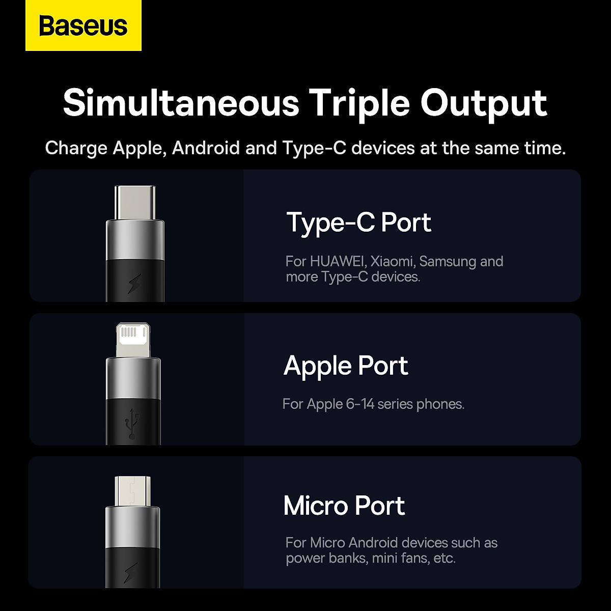 Cáp sạc 3 đầu Baseus StarSpeed 1 for 3 Fast Charging Data Cable USB to M+L+C 3.5A - Hàng chính hãng