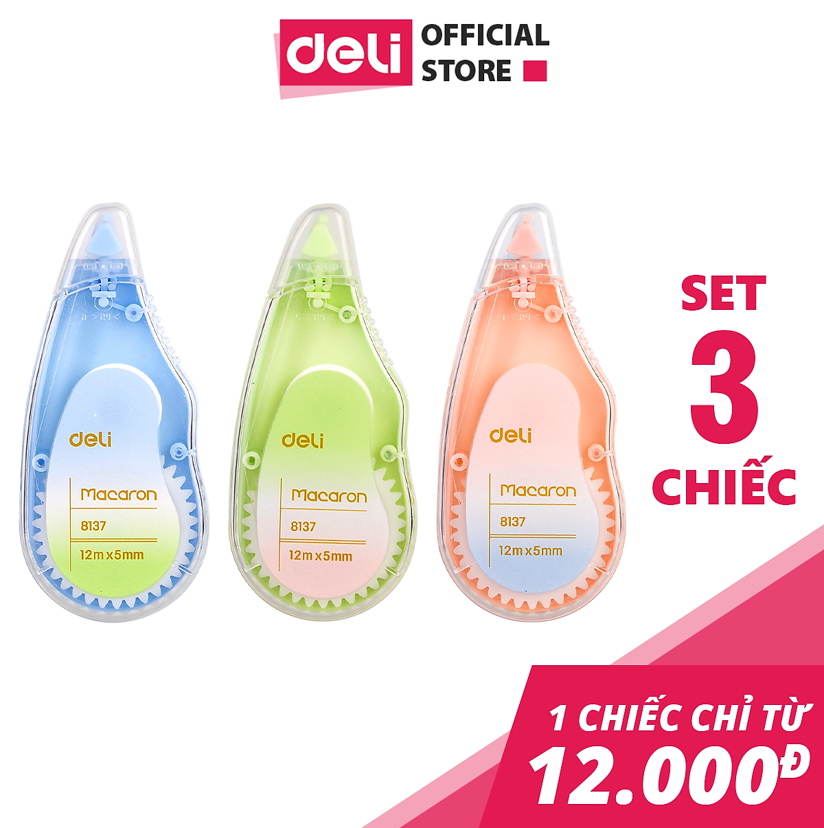 Băng xóa bút xóa kéo 12m Deli - Hình trái cây - Hồng/Xanh lá/Xanh dương - Set 3 chiếc - EH333