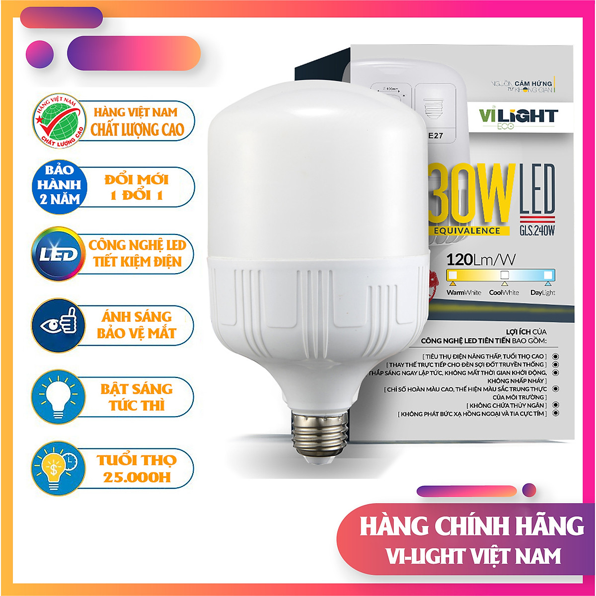 Bóng đèn Led Bulb 30W thân nhựa Vi-Light sáng trắng 6500K - Bóng đèn