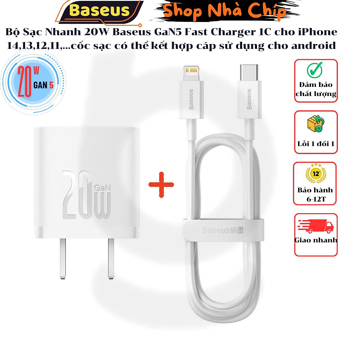 Bộ Sạc Nhanh 20W Baseus GaN5 Fast Charger 1C cho iPhone/Samsung (PD/ QC Multi Quick Charge Support, Smart Protect) - Hàng chính hãng