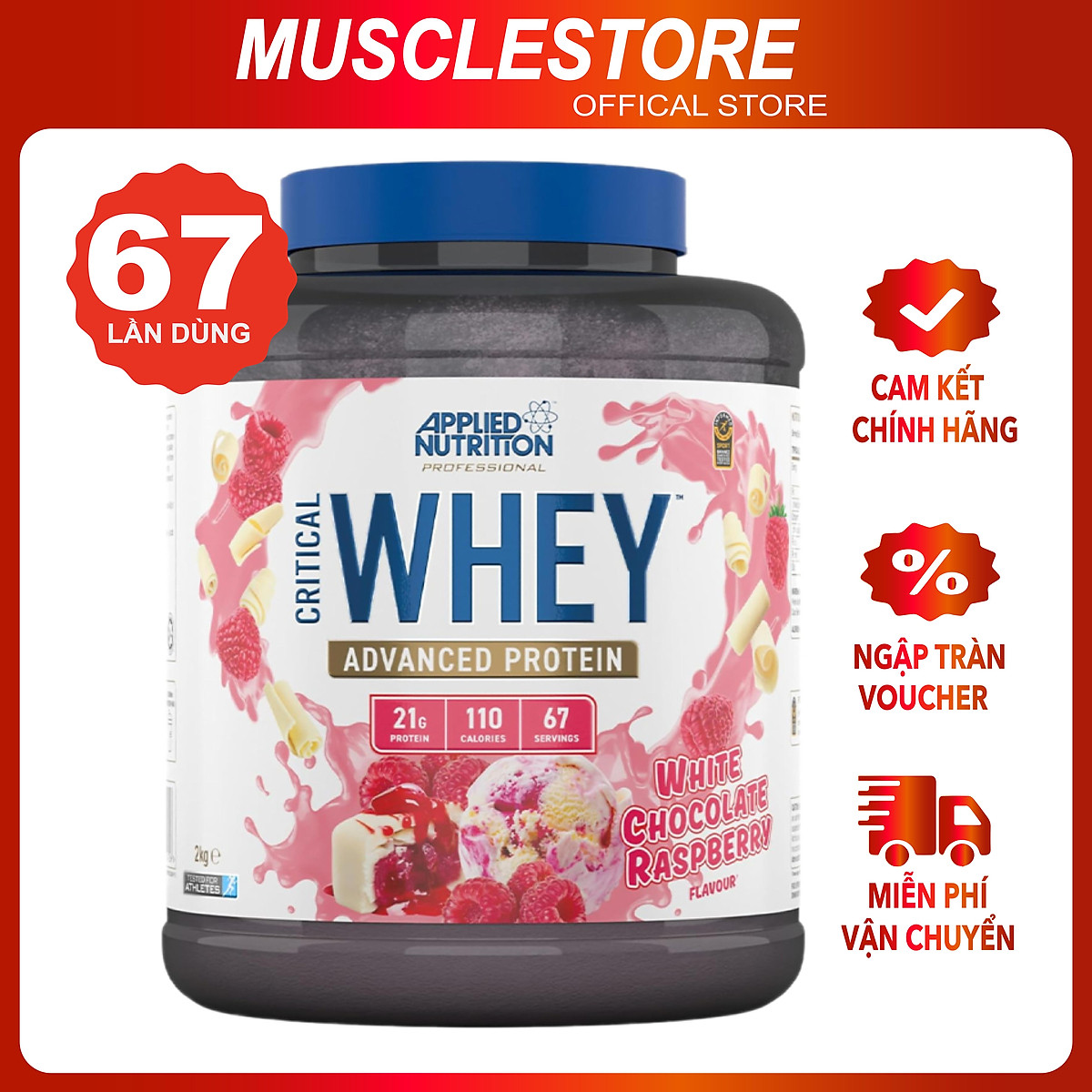 Critical Whey Applied Nutrition (2kg, 67 liều dùng), Sữa Tăng Cơ Giảm Mỡ Whey Protein Từ Sữa Bò Ăn Cỏ Tự Nhiên Grass-Fed