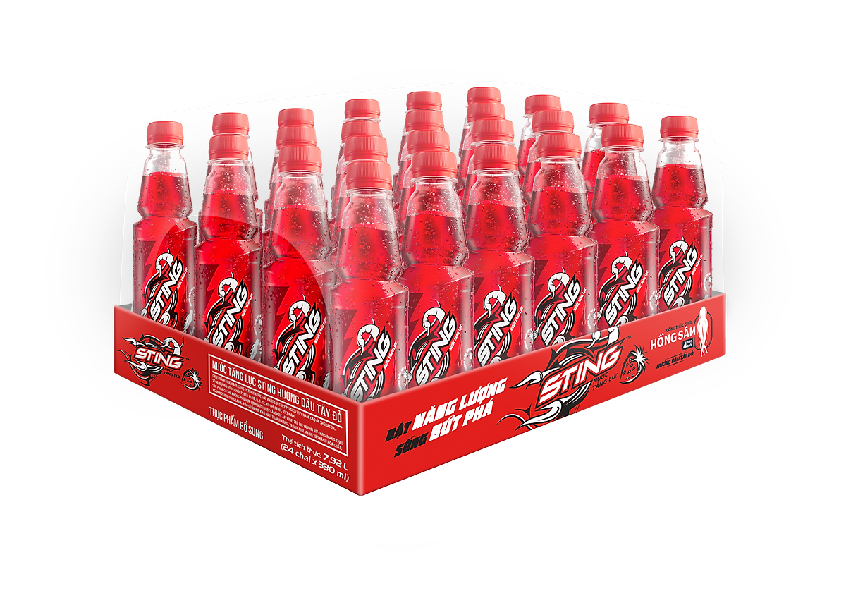 Thùng 24 Chai Nước Tăng Lực Sting Đỏ Dâu (330ml/Chai)