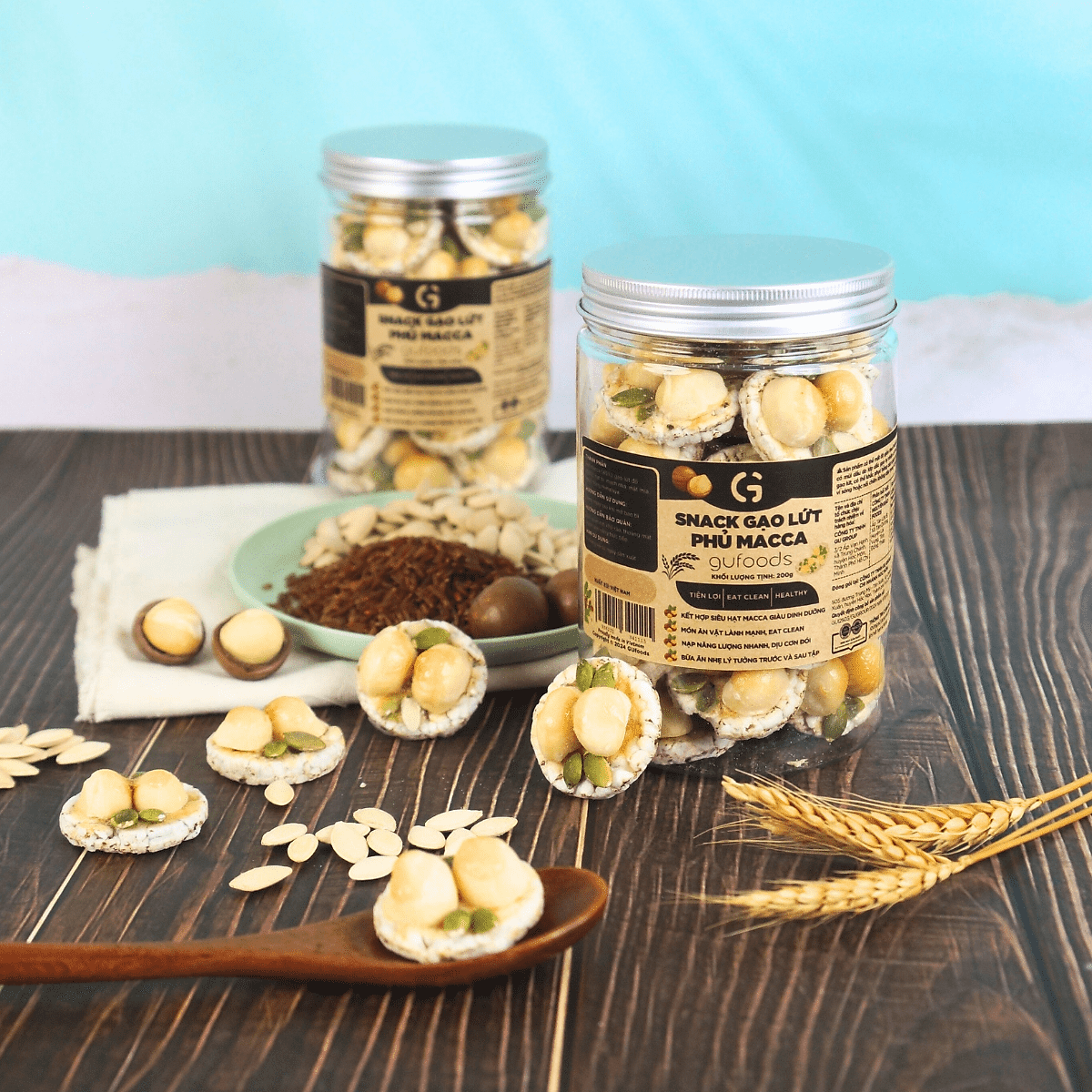 Snack gạo lứt phủ macca GUfoods - Topping siêu hạt, Giòn rụm, Thơm bùi, Giàu dinh dưỡng, Healthy, Eat clean, Thuần chay
