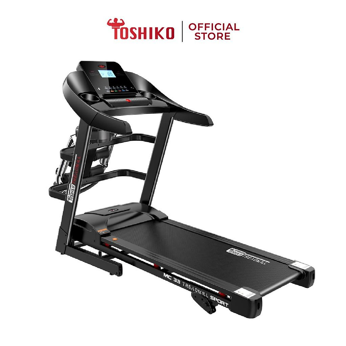Máy chạy bộ đa năng tại nhà Toshiko MC33 PRO, chức năng nâng dốc tự động theo nhu cầu, kèm theo đai massage và thanh gập bụng, đồng hồ hiển thị thông số nhịp tim, calo tiêu thụ