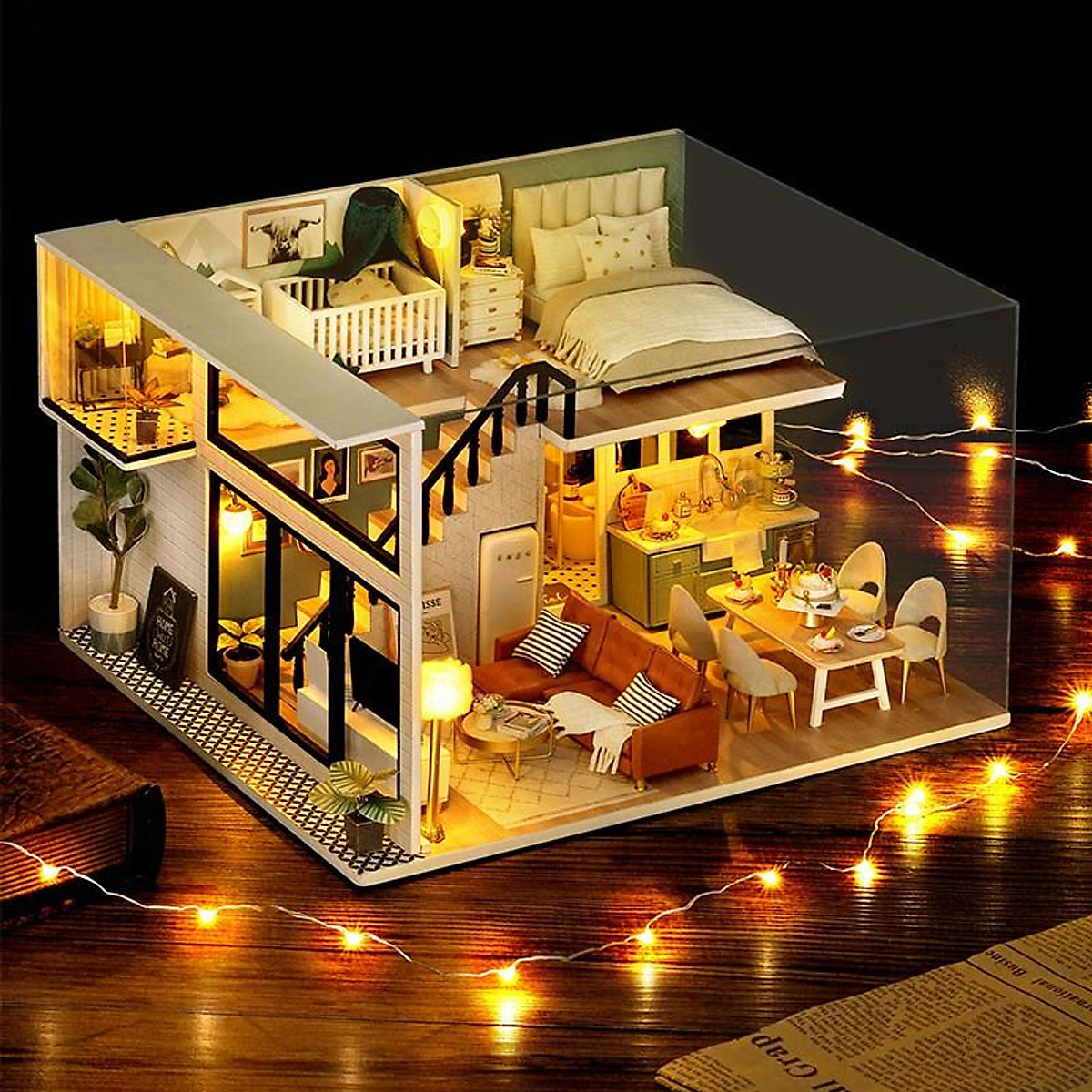 Mô hình nhà DIY Doll House Sweet Time Kèm Mica Chống bụi  Lắp ráp