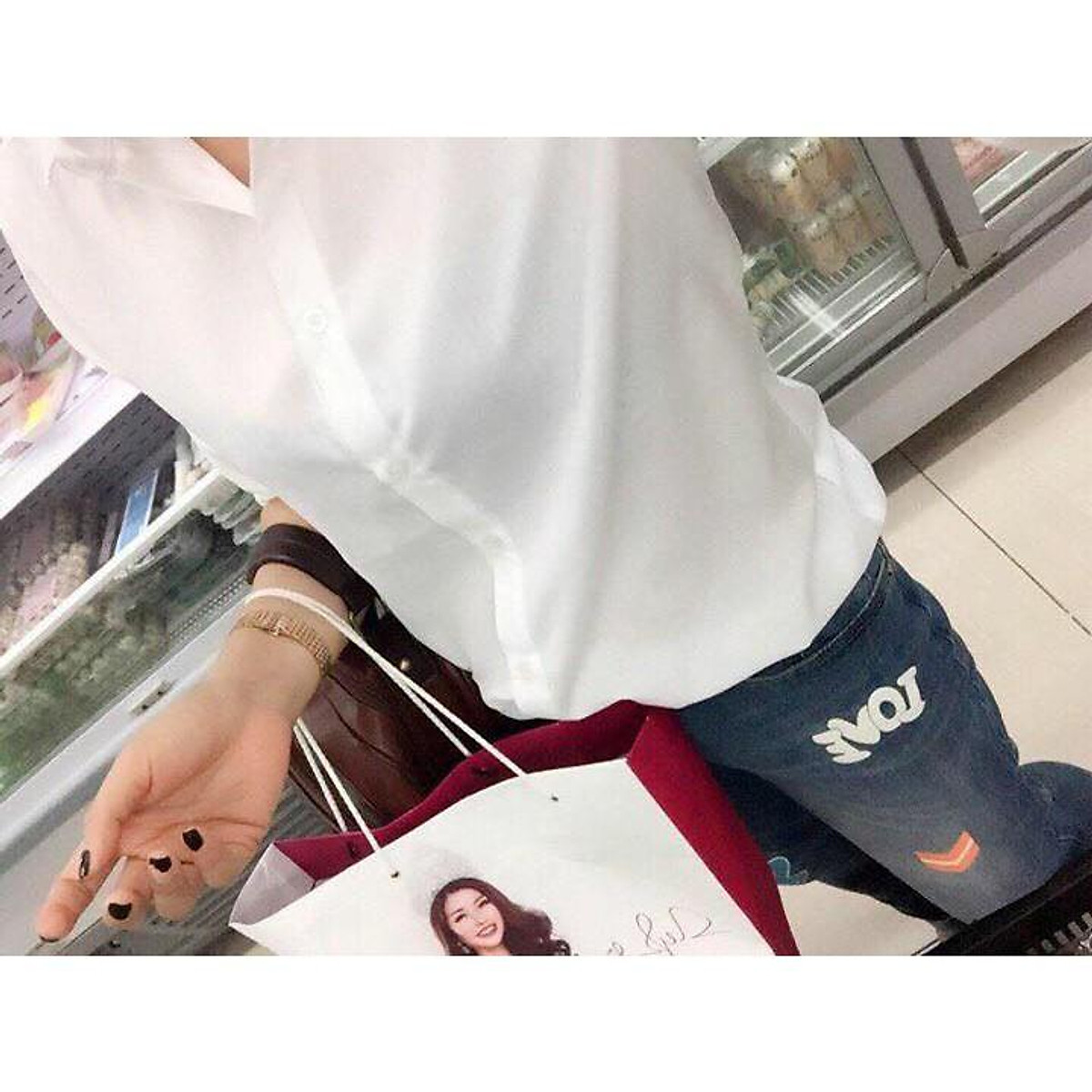 <Áo sơ mi nữ trắng dài tay basic loại 1>