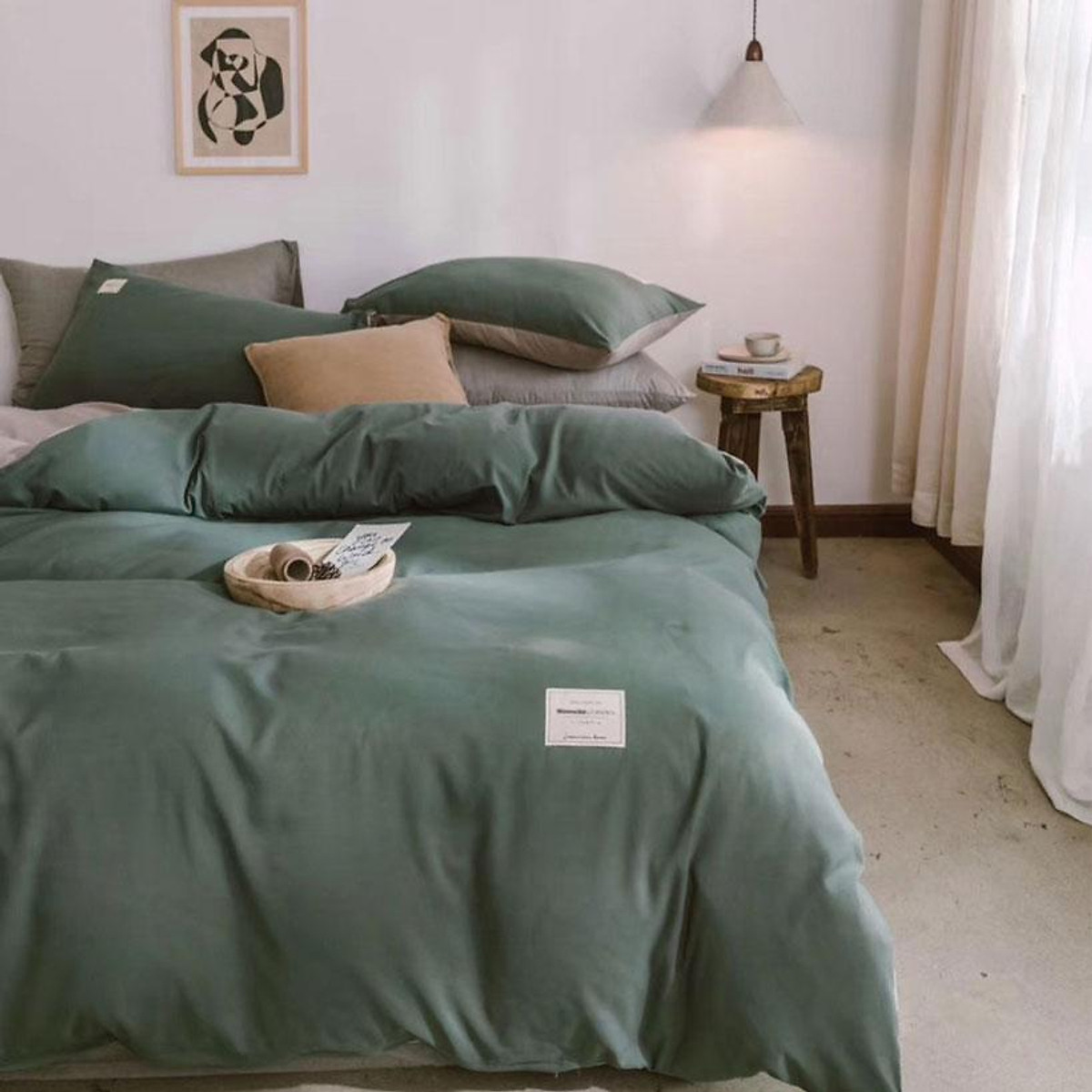 Bộ Chăn Ga Gối Cotton Tici LIDACO - Xanh Rêu Ga Xám