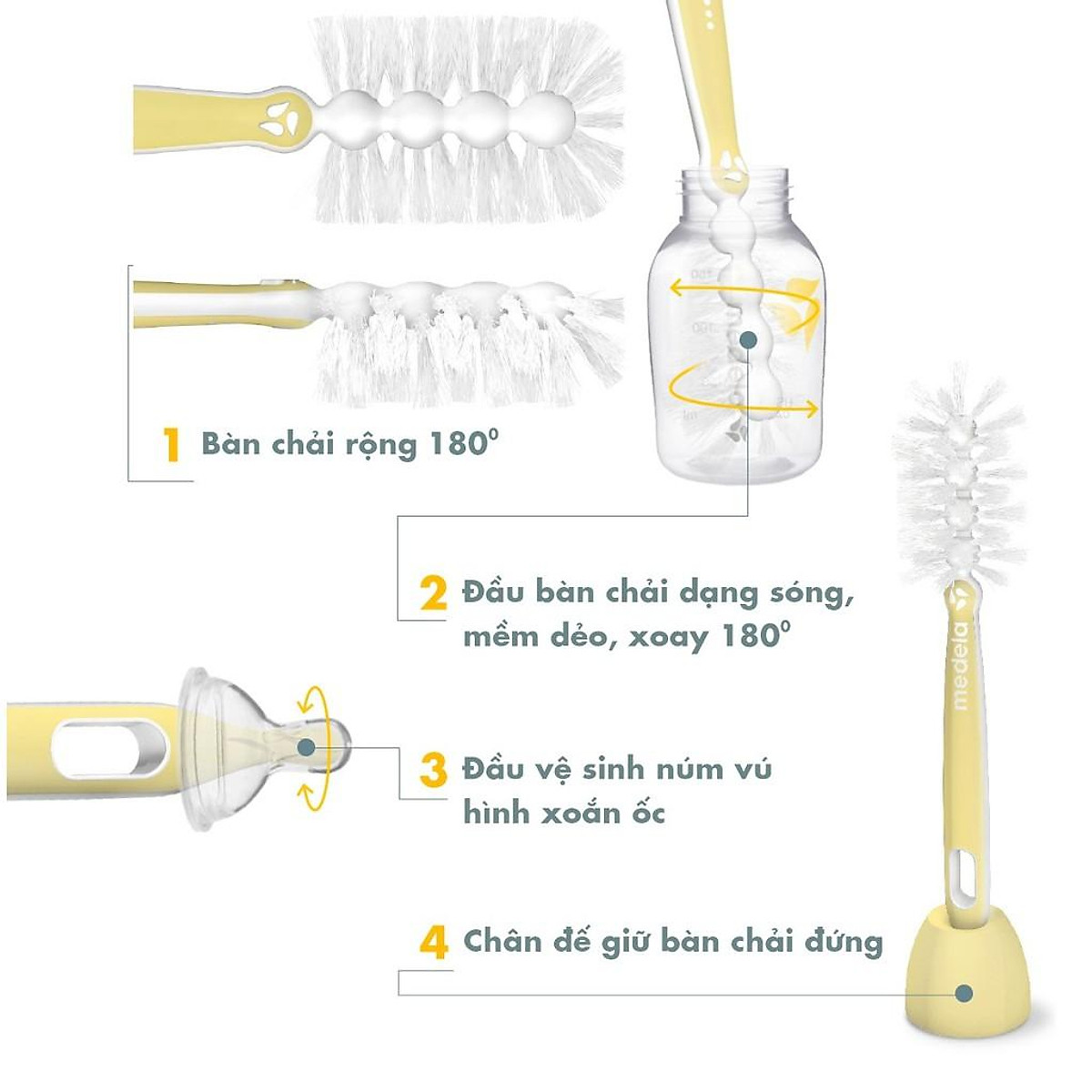 Chổi cọ bình và núm ty Medela - 2 đầu cọ bình và núm ty riêng biệt, có đế dựng thẳng