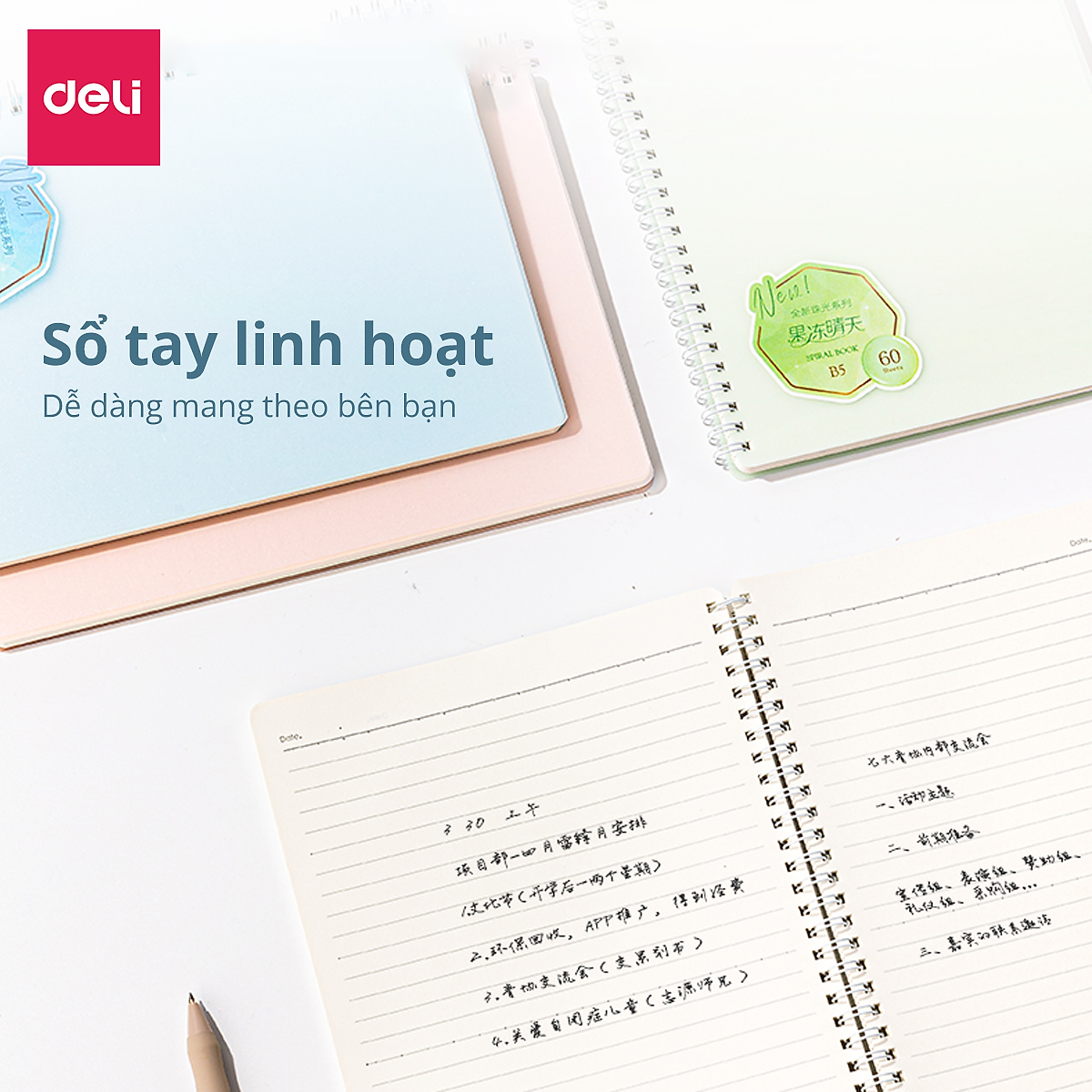 Sổ Tay Ghi Chép Lò Xo Bìa Nhựa A5 / B5 120 Trang 100 Trang 80 Gsm Kẻ Ngang Màu Pastel Deli - Phù Hợp Làm Sổ Kế Hoạch, Sổ Nhật Kí, Tập Vở Ghi Chép - QLPA560 QLPB560 VLPA550 VLPB550