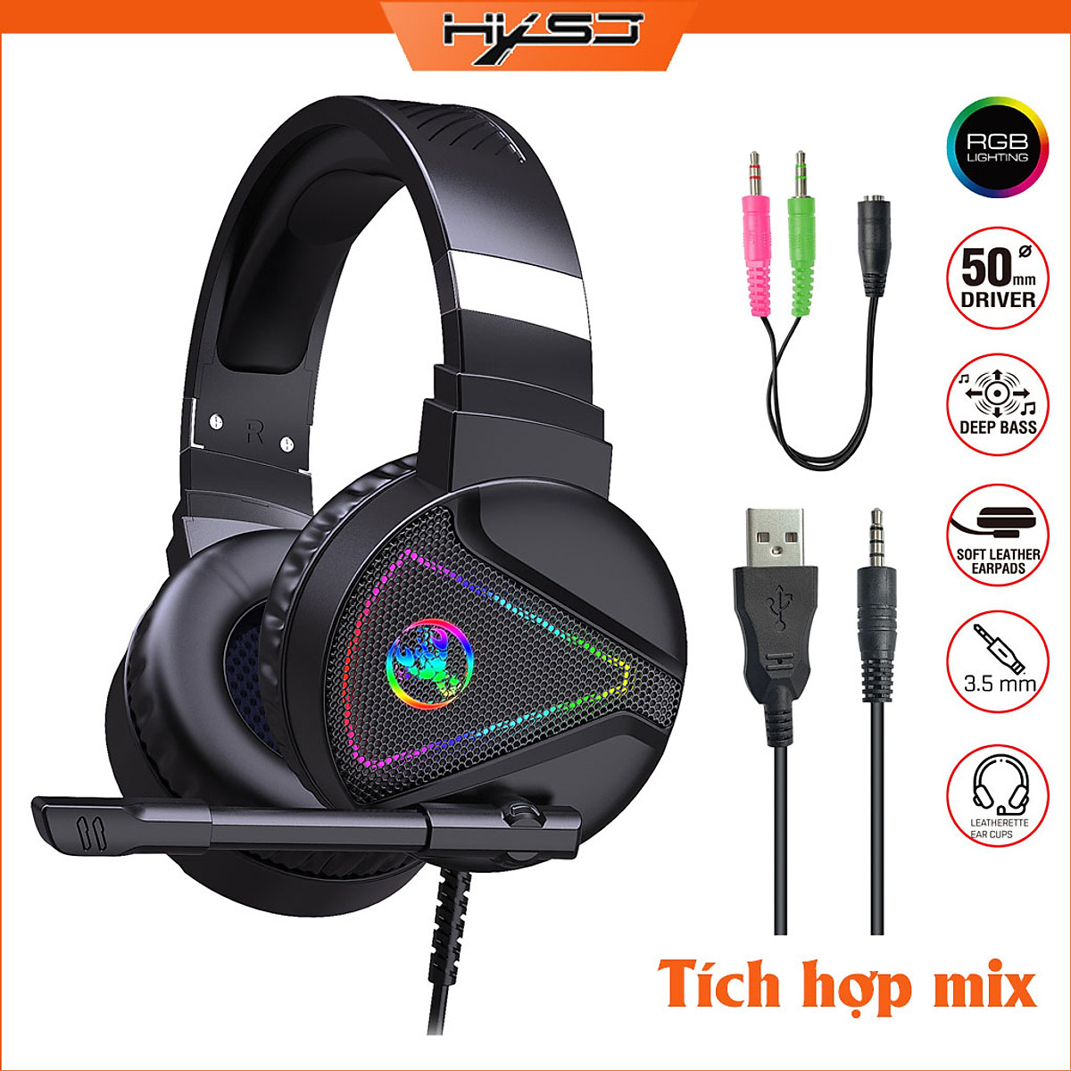 Tai nghe chụp tai Gaming tích hợp Mix HXSJ F16 RGB Jac 3.5mm âm thanh 3D Bass cực đã chuyên dùng nghe nhạc, chơi game - Hàng chính hãng