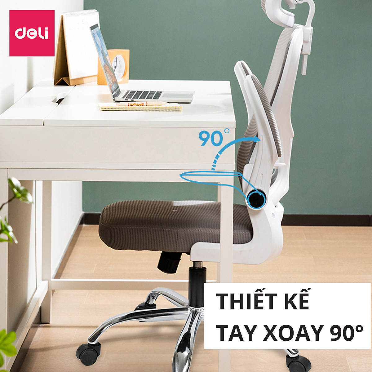 Ghế Xoay Văn Phòng Lưới Làm Việc Công Thái Học Deli - Tay Gập Thông Minh, Có Chỉnh Lưng, Lưới Thoáng Khí, Chân Xoay Tiện Ích, Đệm Ghế Êm Aí, Nhiều Màu - Phù Hợp Học Sinh, Văn Phòng, Game Thủ, Gaming - Hàng chính hãng