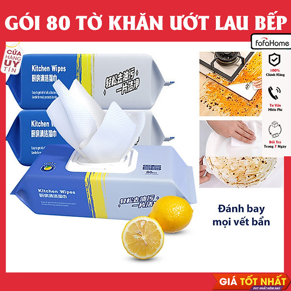 Giấy Ướt Lau Bếp Siêu Sạch Gói 80 Tờ To Chứa Vitamin E Không Độc Hại Không Kích Ứng Da Giúp Loại Bỏ Dầu Mỡ, Khăn Ướt Đa Năng Siêu Dai