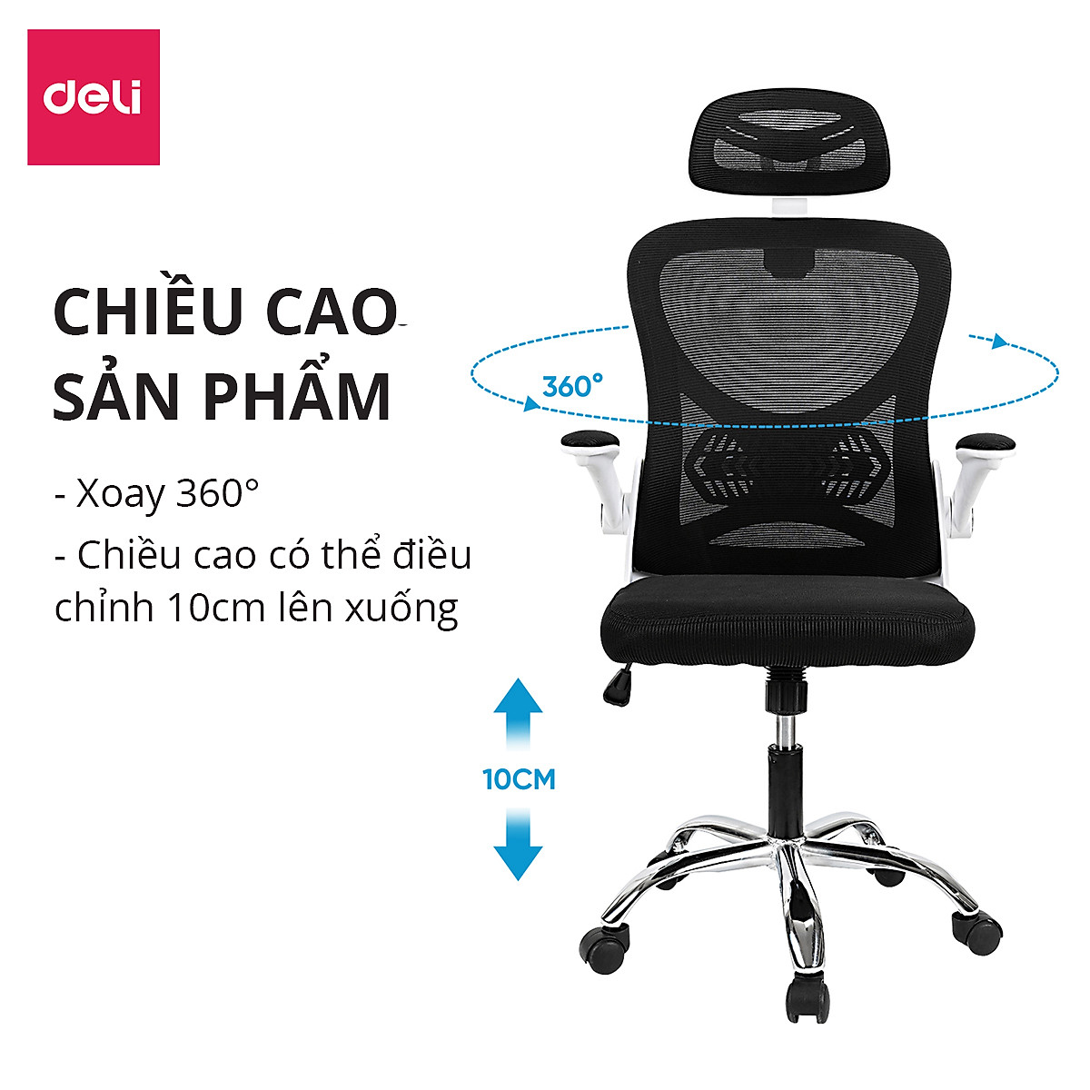 Ghế Xoay Văn Phòng Lưới Làm Việc Công Thái Học Deli - Tay Gập Thông Minh, Có Chỉnh Lưng, Lưới Thoáng Khí, Chân Xoay Tiện Ích, Đệm Ghế Êm Aí, Nhiều Màu - Phù Hợp Học Sinh, Văn Phòng, Game Thủ, Gaming - Hàng chính hãng
