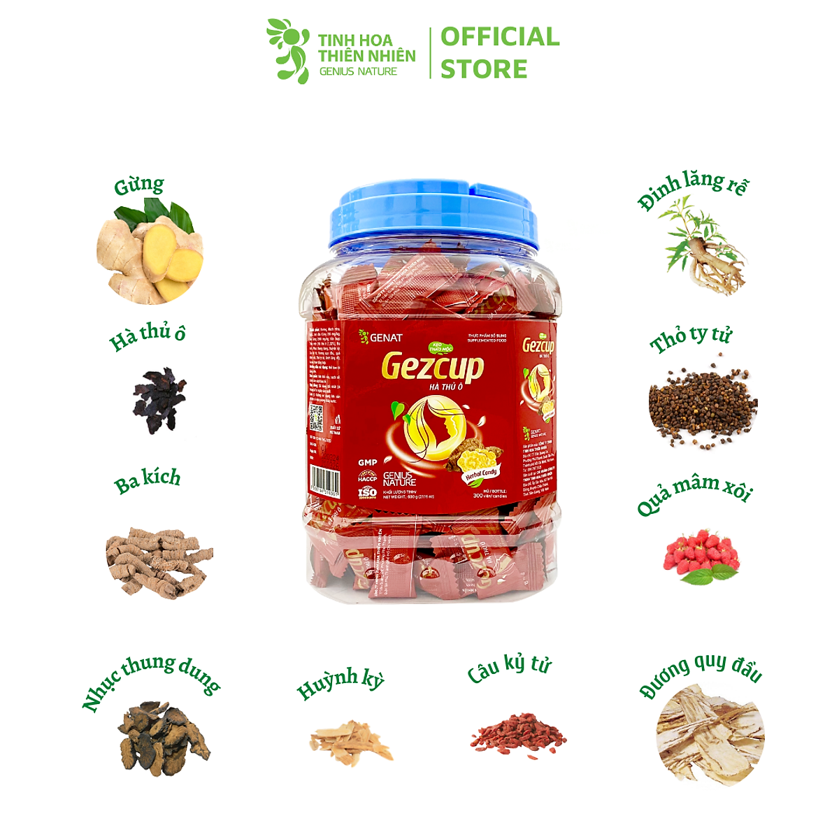 Kẹo thảo mộc Gezcup Hà thủ ô (Hủ 300 viên) - Genat Giao 2H HCM
