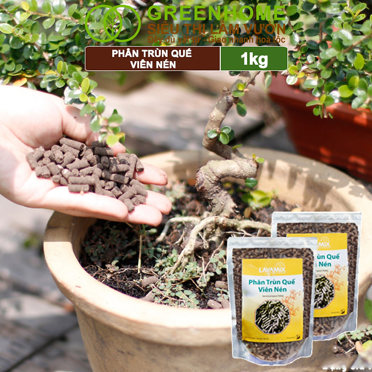 Phân Trùn Quế Viên Nén Greenhome, Lavamix, Bao 1kg, Dinh Dưỡng Hữu Cơ, Không Mùi, Tốt Cho Lan, Bonsai, Rau, Cây Ăn Trái