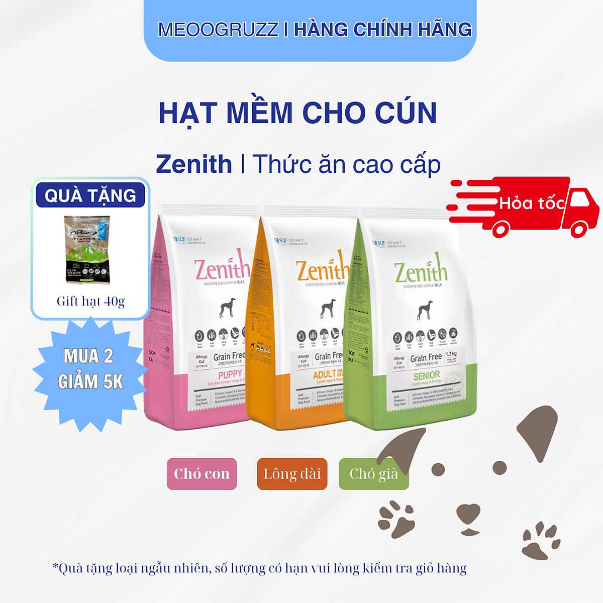 Thức ăn hạt mềm cho chó Zenith | Chó con | Chó trưởng thành | Chó già | Không ngũ cốc | Hỗ trợ miễn dịch | Phát triển xương khớp chắc khoẻ | Chính hãng Hàn Quốc