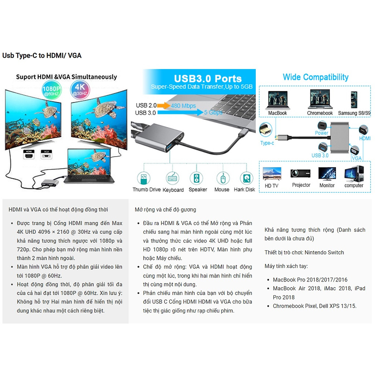 Cáp chuyển Đổi USB Type-c ra 4 cổng HDMI/ VGA/ USB và cổng sạc hỗ trợ chế độ Dex - UHV41160 Hàng Chính Hãng