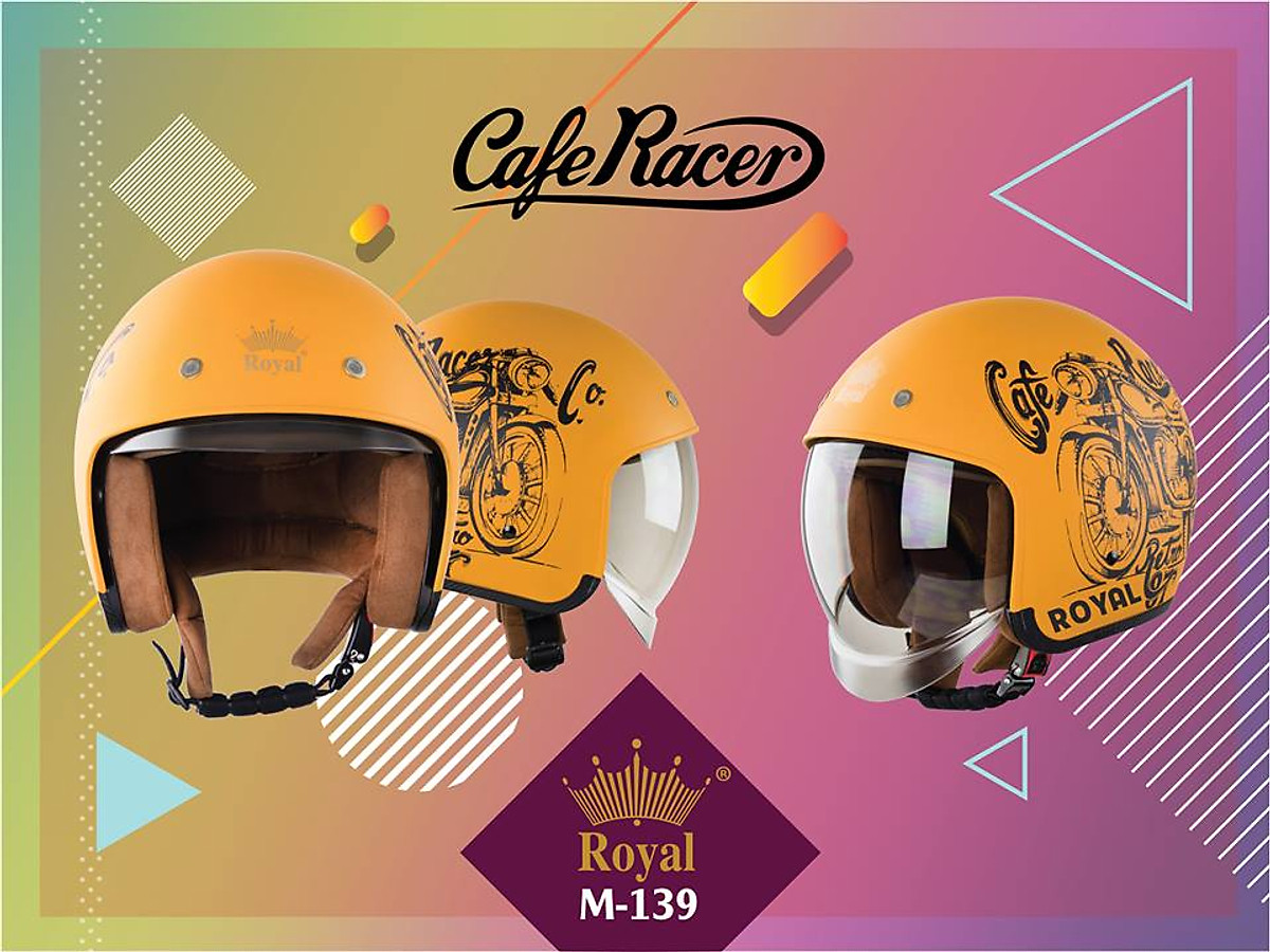 Nón bảo hiểm 3/4 kính âm Royal M139 Vàng Cam Nhám tem V7 Cafe Racer cao cấp Lót tháo rời, che hết mặt