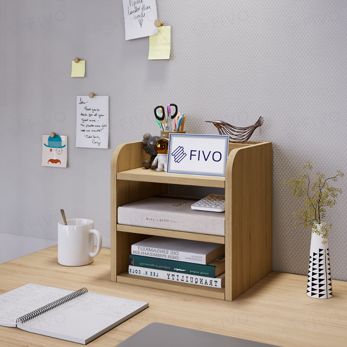 Kệ Sách Gỗ Đẹp Để Bàn FIVO FB26 Cao Cấp Màu Gỗ Và Walnut, Có Hộc, Tiết Kiệm Diện Tích, Bo Góc Thẩm Mĩ