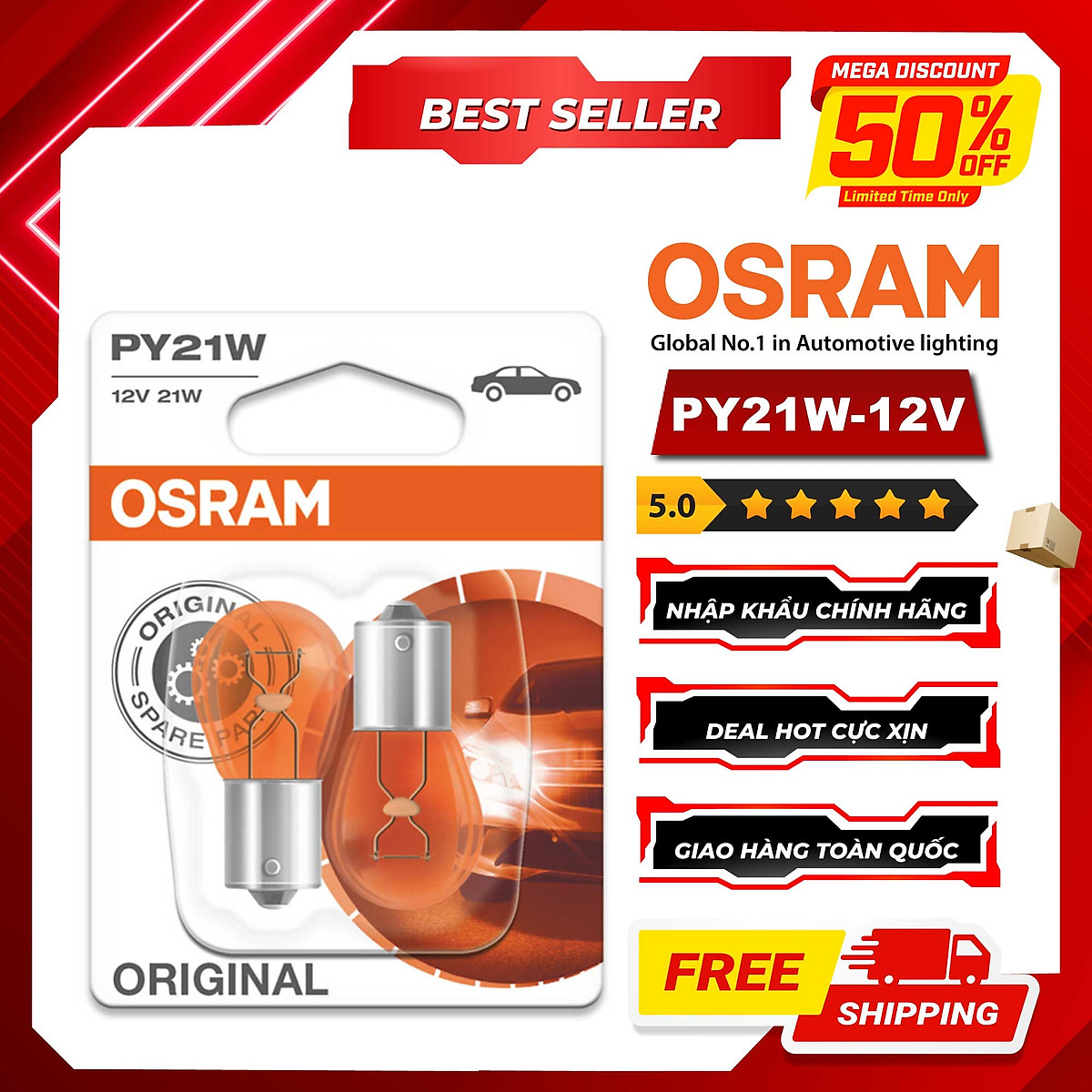 Combo 2 Bóng Đèn Sau 1 Tim OSRAM Original PY21W 7507-02B 12V 21W (Chân Xéo)