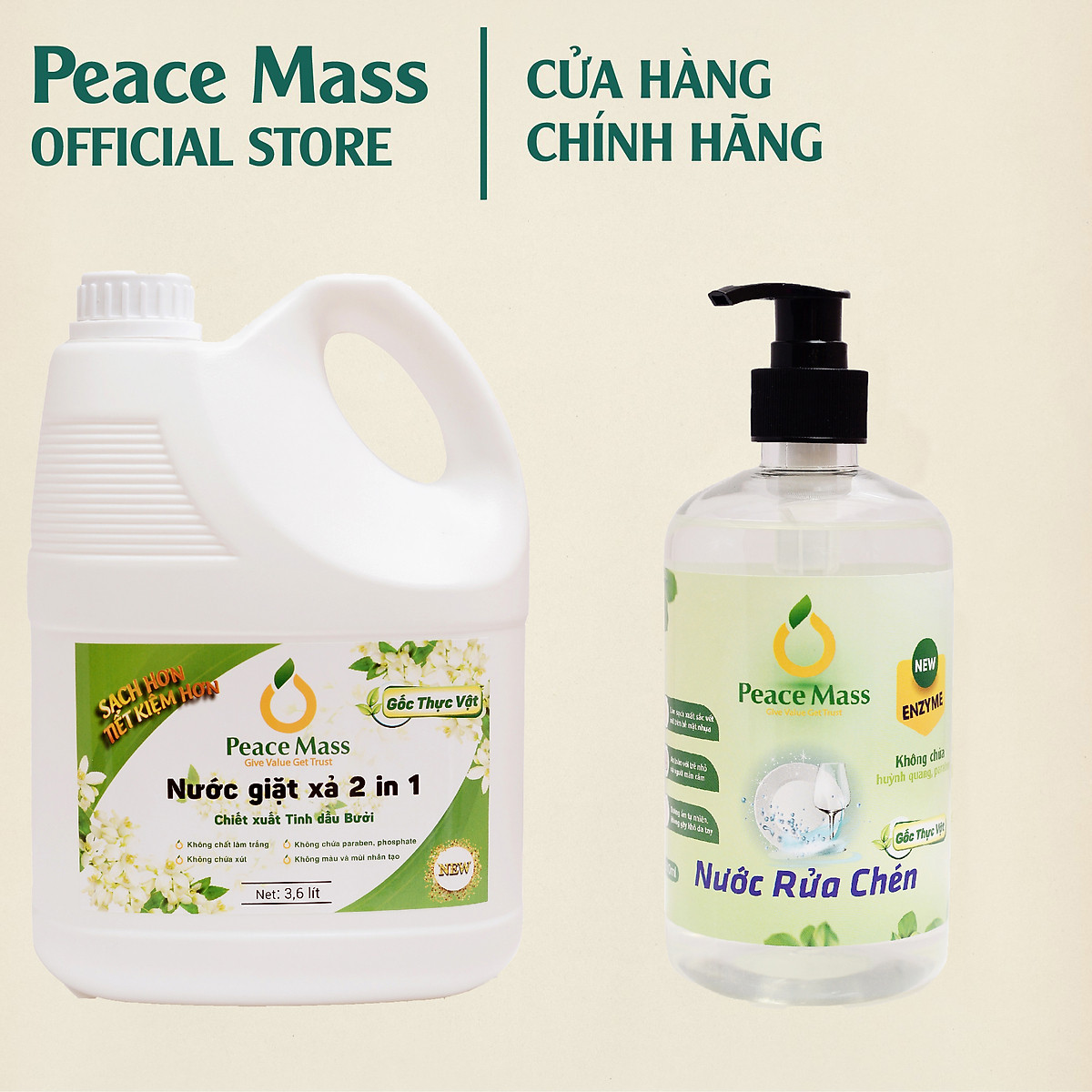 Combo Gốc Thực Vật NGB1 Peace Mass Nước Giặt Xả 2 in 1 3.6 lít + Nước Rửa Chén 500ml (Thuộc nhóm Sản phẩm Lành tính / Hữu cơ/ Sinh học)