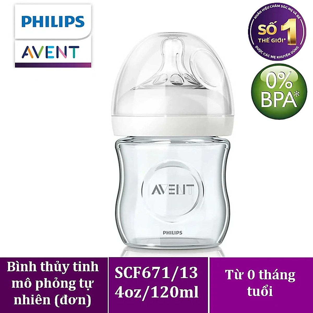Bình sữa thủy tinh mô phỏng tự nhiên hiệu Philips Avent (120ml - đơn) cho trẻ từ 0 tháng tuổi 671.13