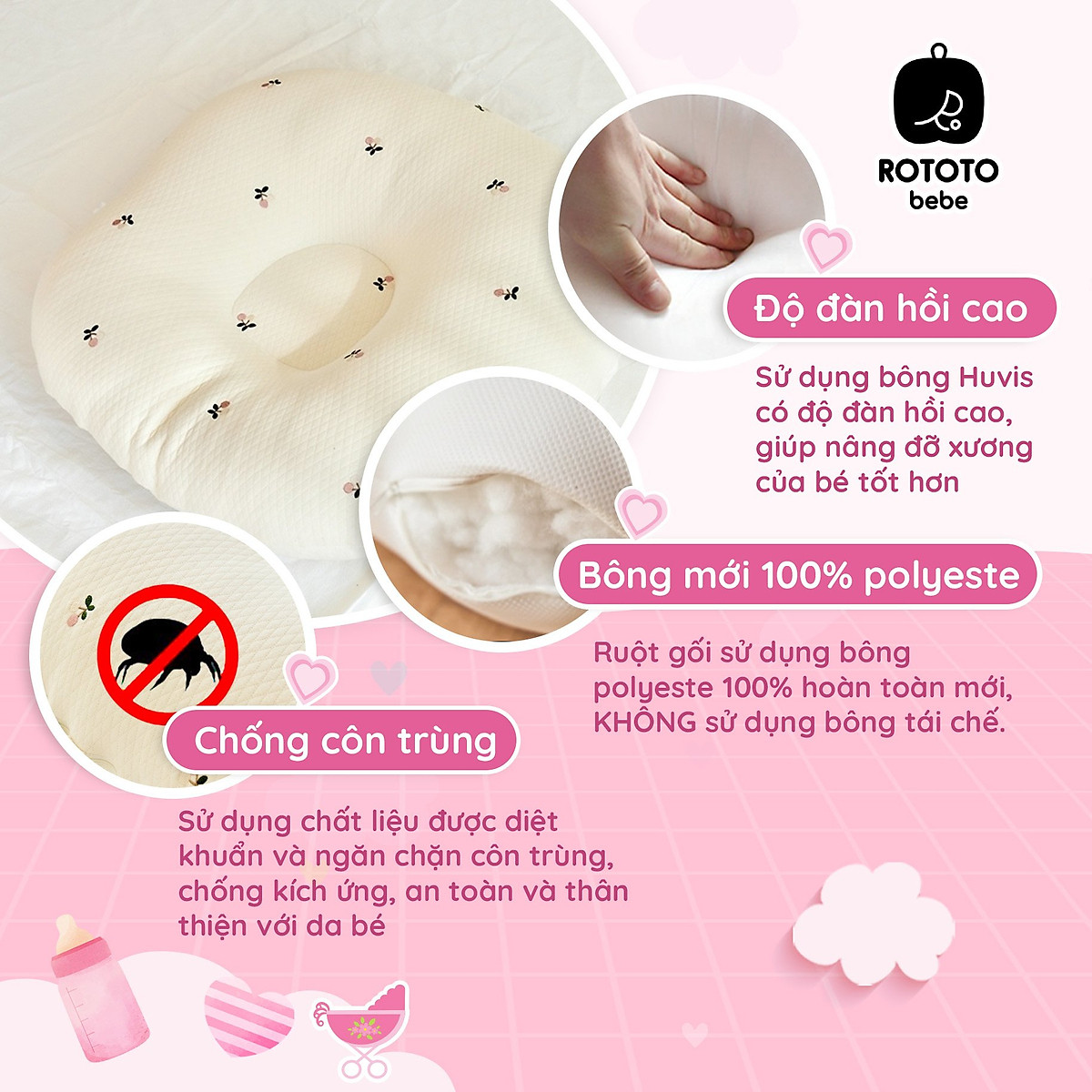Gối chống trào ngược cho bé Rototo Bebe cao cấp nhập khẩu - Loại Cotton