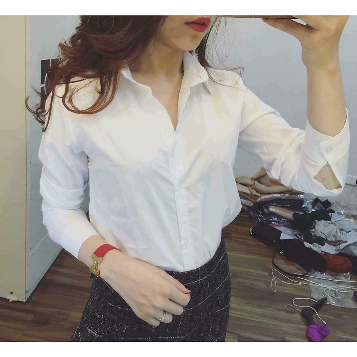 <Áo sơ mi nữ trắng dài tay basic loại 1>