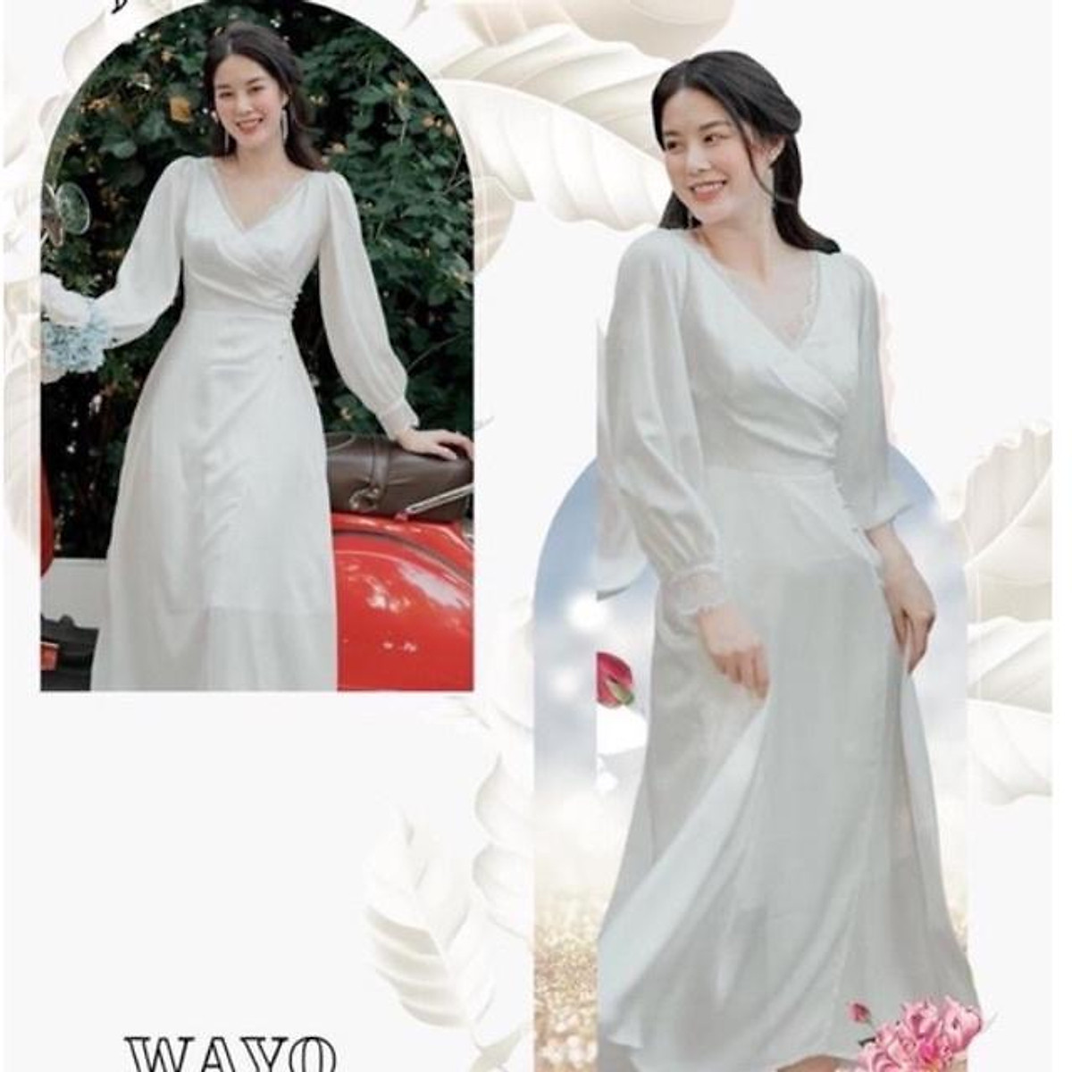 Váy trắng vintage dự tiệc cưới sang trọng đầm maxi đắp chéo tà kết ngọc tay dài cô dâu V00207 full size AĐ BOUTIQUE