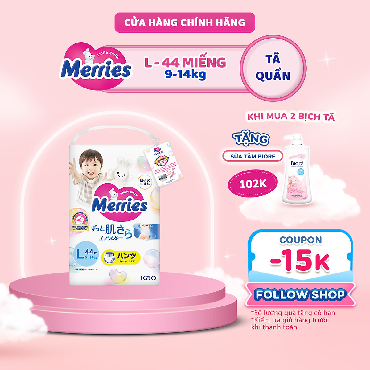 Tã/bỉm quần Merries size L - 44 miếng (dành cho bé từ 9 - 14kg)