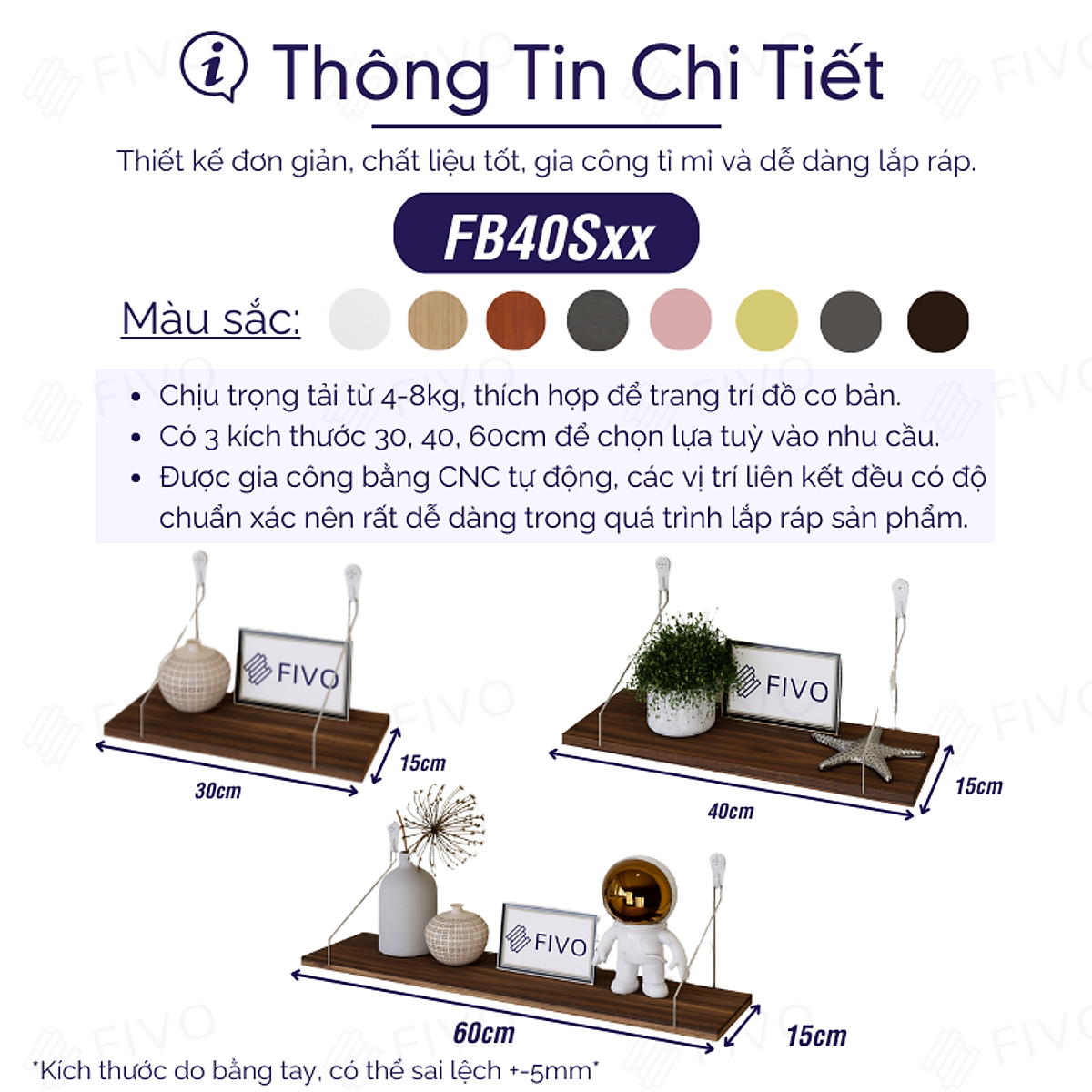 Kệ Trang Trí Treo Tường Gỗ FIVO Mã FB40 Không Cần Khoan Tặng Kèm Đinh 4 Chân Chịu Lực Lên Đến 10KG Với Móc Treo Inox Dễ Dàng Gắn Lên Tường