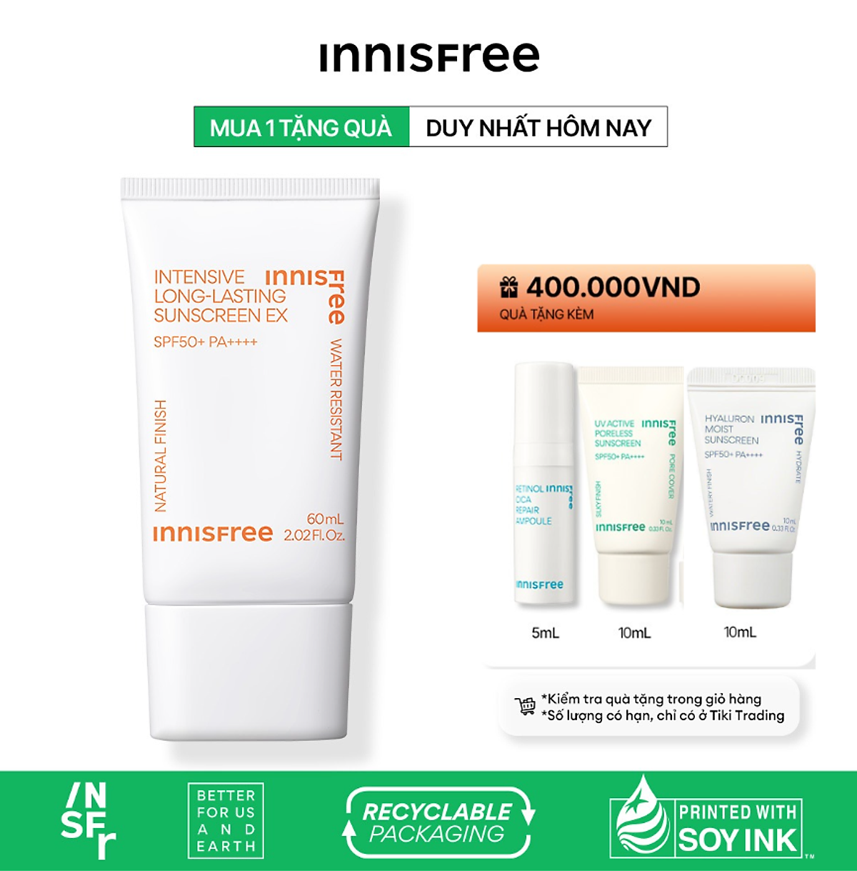 Kem chống nắng lâu trôi innisfree Intensive Long Lasting Sunscreen SPF50+ PA++++ 60ml (New 2023)