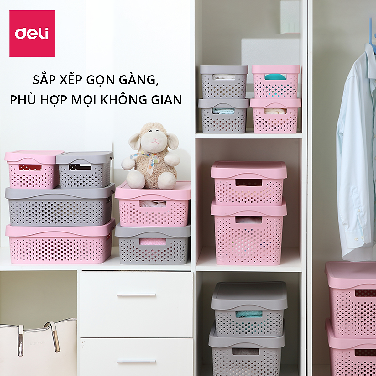 Giỏ Nhựa Đựng Đồ Đa Năng Có Nắp Đậy Cao Cấp Deli - Đựng Sách Vở Đồ Cá Nhân Mỹ Phẩm Quần Áo Chăn Gối Ga Mền - Nhiều Size, Kích Cỡ Lớn Nhỏ , Có Tay Cầm, Phong Cách Nhật Bản Đơn Giản, Tiện Dụng, Vật Liệu An Toàn