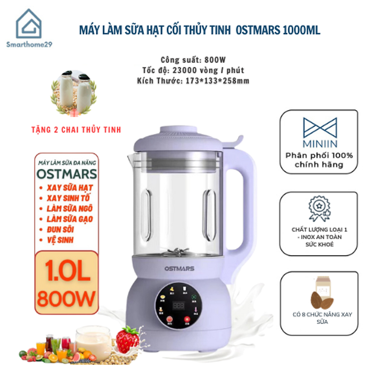 Máy Làm Sữa Hạt, Máy Nấu Sữa Hạt Cối Thủy Tinh OSTMARS Hàng Chính Hãng MINIIN 1100ml - 8 Chức Năng Xay Nấu Tiện Lợi - TẶNG KEM 2 CHAI THỦY TINH ĐỰNG SỮA HẠT