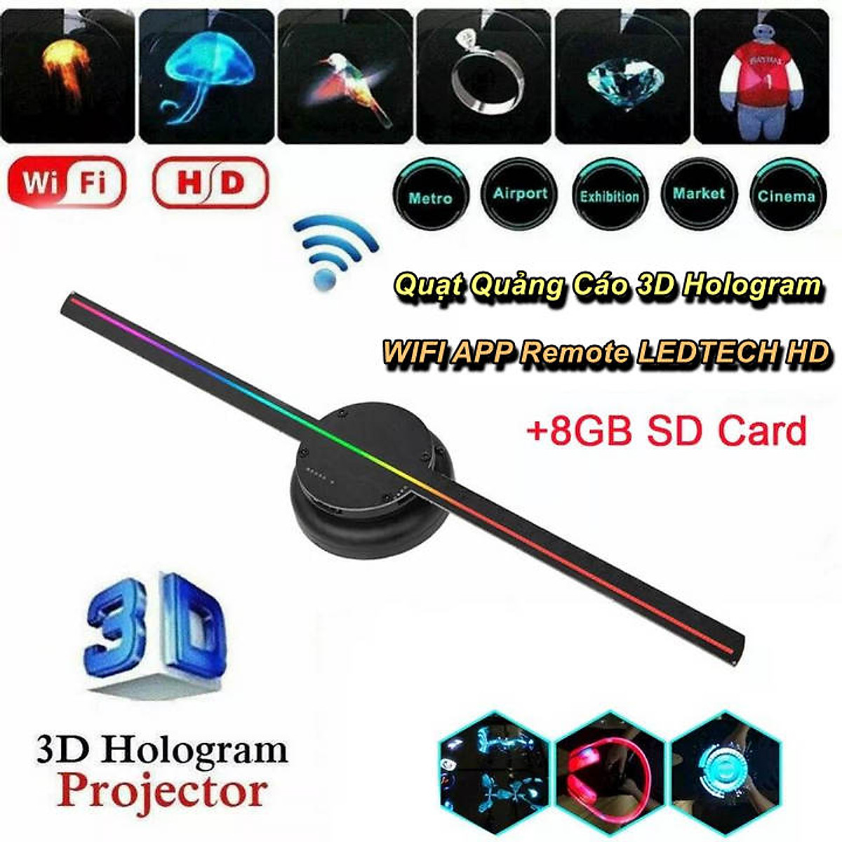 Quạt quảng cáo 3D hologram WIFI APP Remote LEDTECH HD chắc chắn sẽ làm bạn bị mê hoặc bởi sự tinh tế và độc đáo của nó. Hãy tưởng tượng một không gian kinh doanh của bạn được trang bị những hình ảnh sống động và đầy sắc màu với sự hỗ trợ của quạt quảng cáo 3D hologram này.