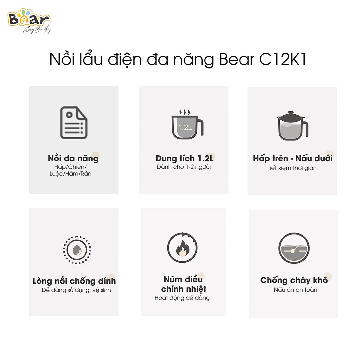Nồi nấu lẩu đa năng Bear DRG-C12K1 - Hàng chính hãng