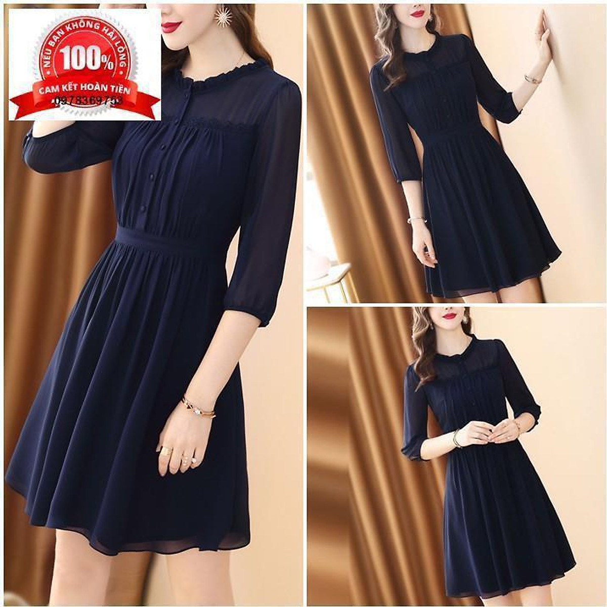 Đầm công sở đuôi cá tay lở màu xanh đen dễ thương  Đầm công sở