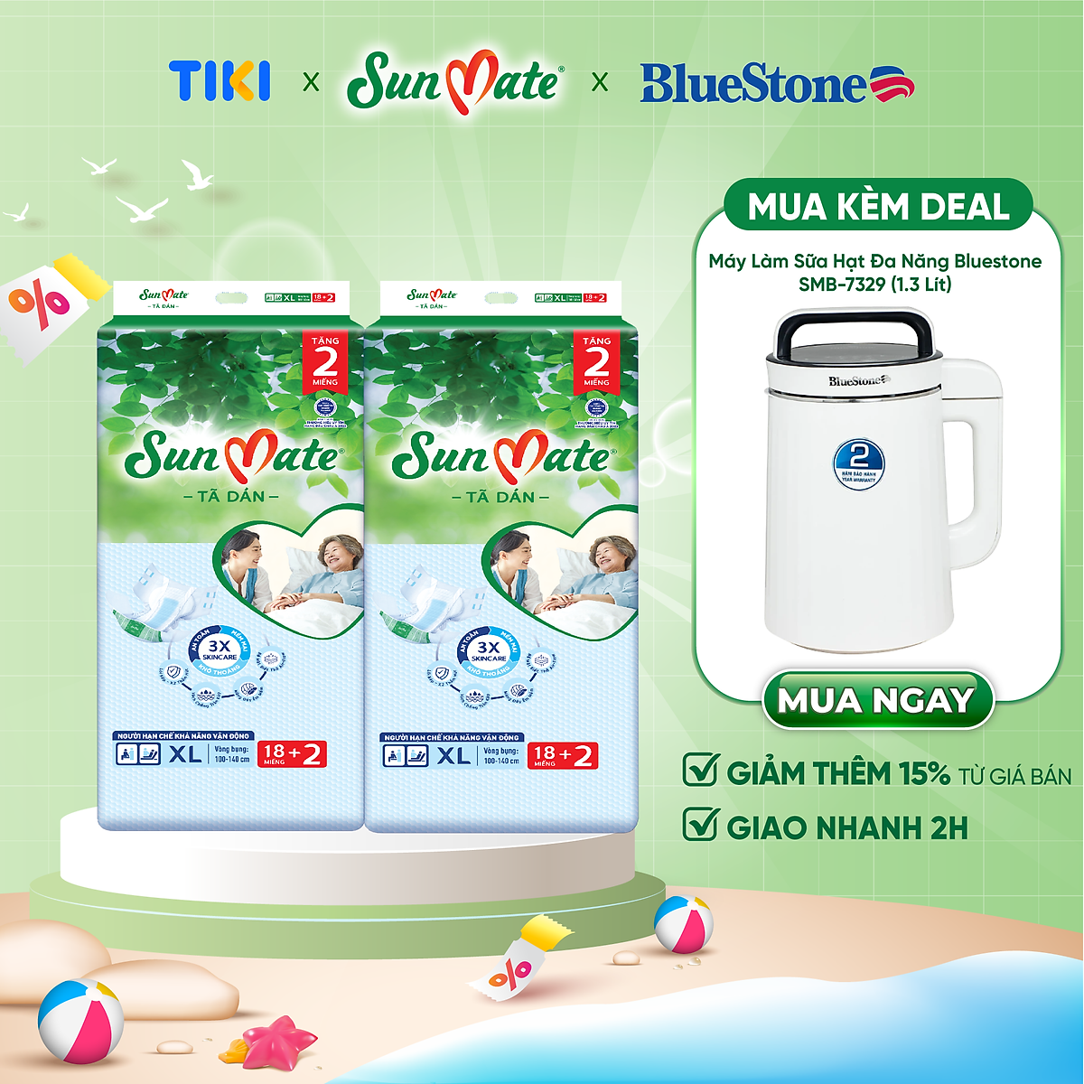Combo 2 Tã dán người lớn SunMate XA2 mới size XL-18+2 miếng