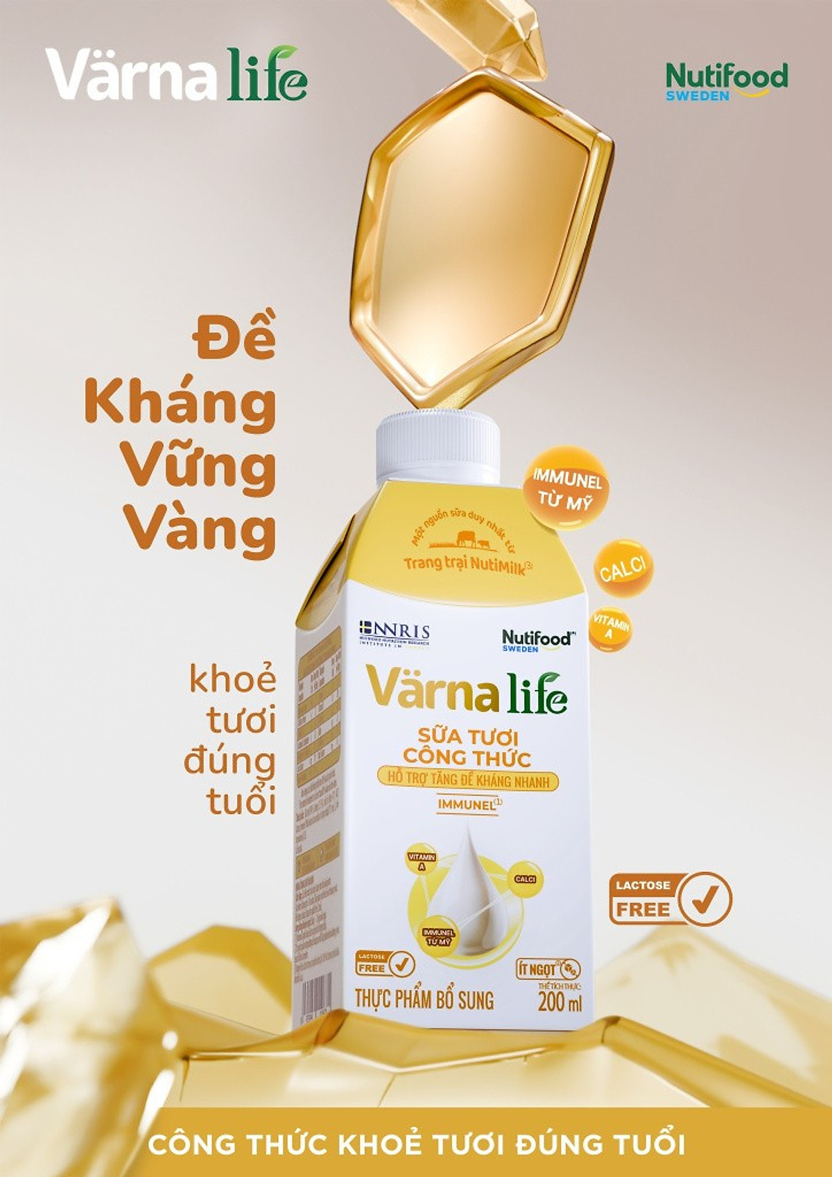 Thùng Thực phẩm bổ sung Värna Life sữa tươi công thức (Vàng) (12 hộp x 200ml)