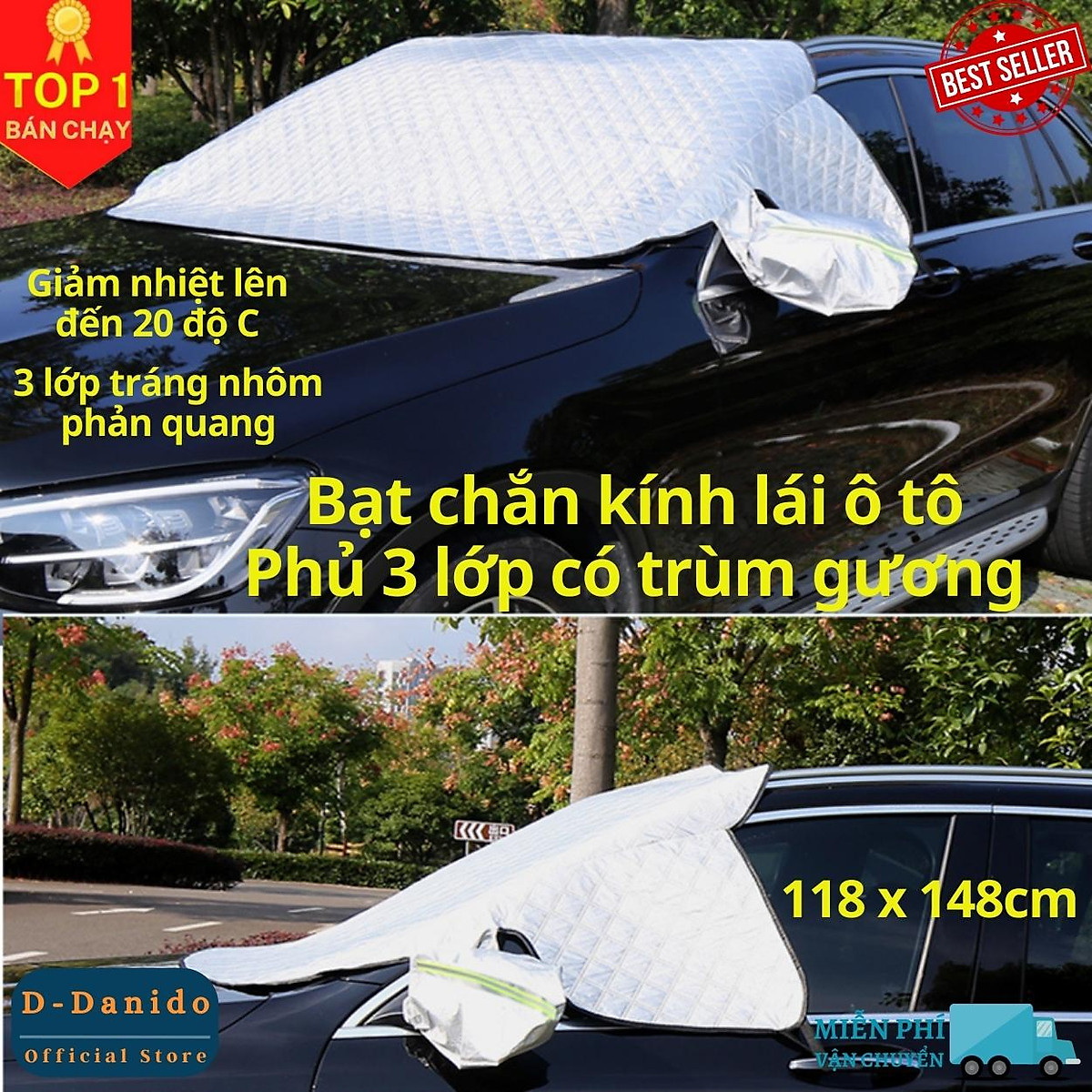 Tấm chắn nắng, Bạt chống nóng ngoài kính lái ô tô 3 lớp, tráng bạc cỡ lớn 118 x 148cm, có trùm gương - Hàng chính hãng D Danido