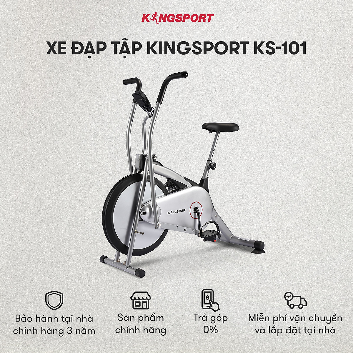 Xe đạp tập KINGSPORT KS-101 tập luyện toàn thân, tích hợp đồng hồ đo lường chỉ số, cân nặng phù hợp từ dưới 75kg