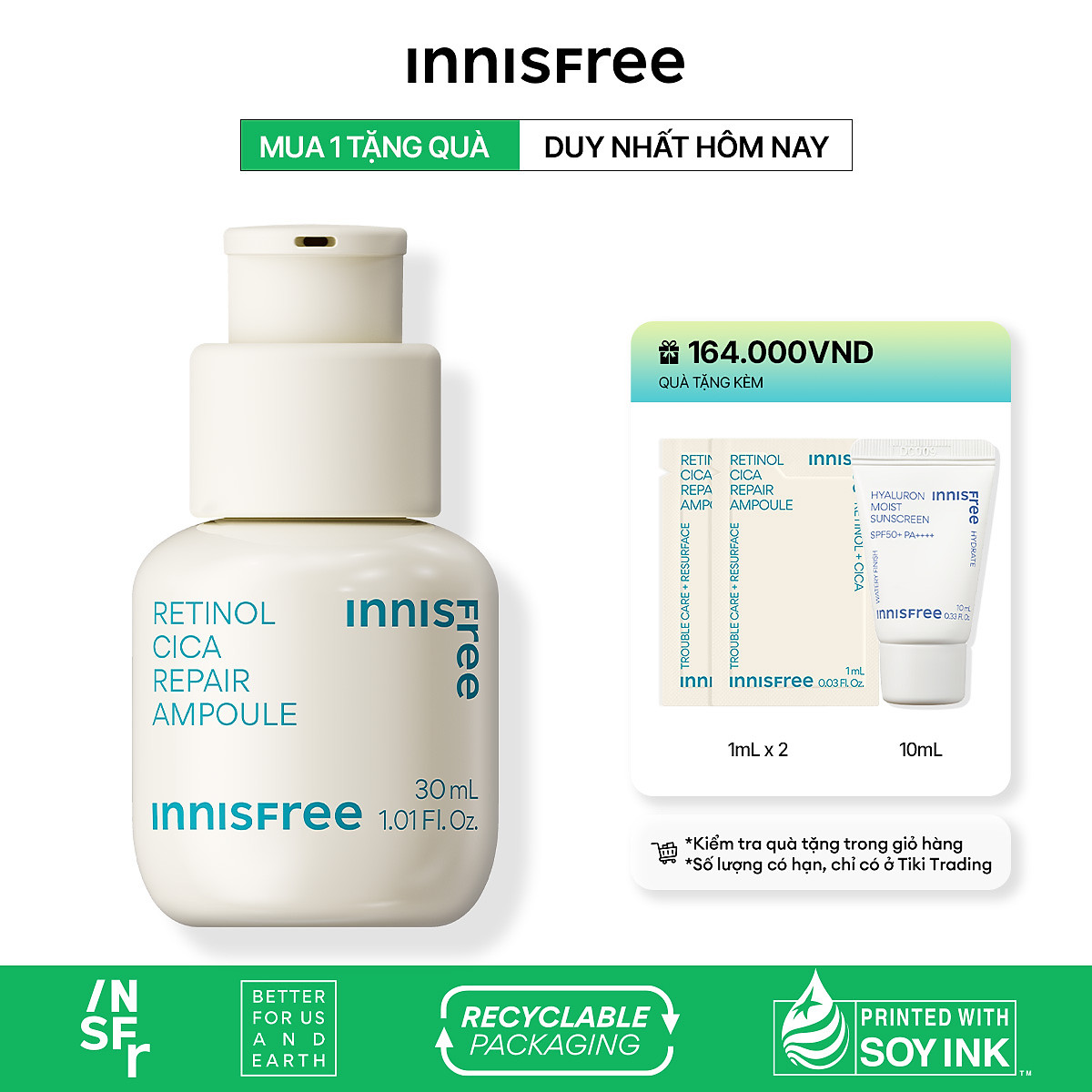 Serum Kiểm Soát Dầu Mụn Cho Da Láng Mịn INNISFREE Retinol Cica Repair Ampoule 30mL