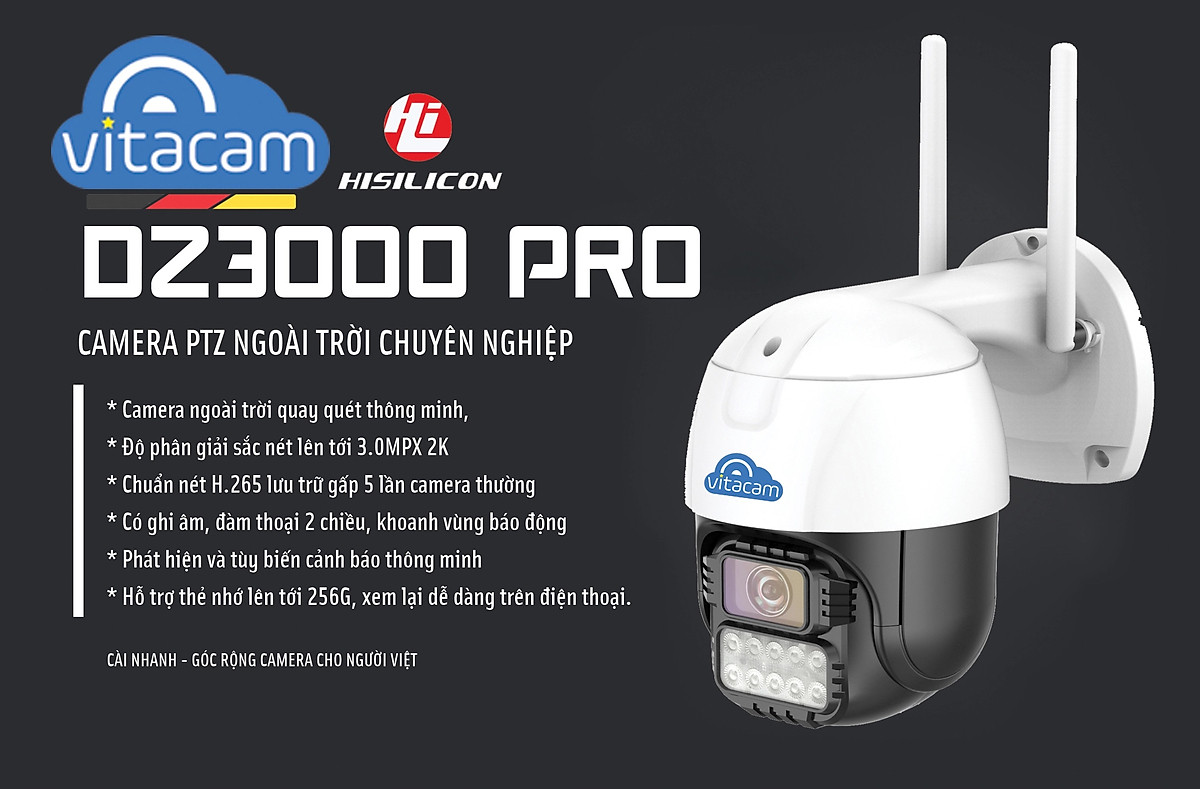 Camera IP Wifi ngoài trời VITACAM DZ3000 PTZ xoay 355 độ, 3.0Mpx ...