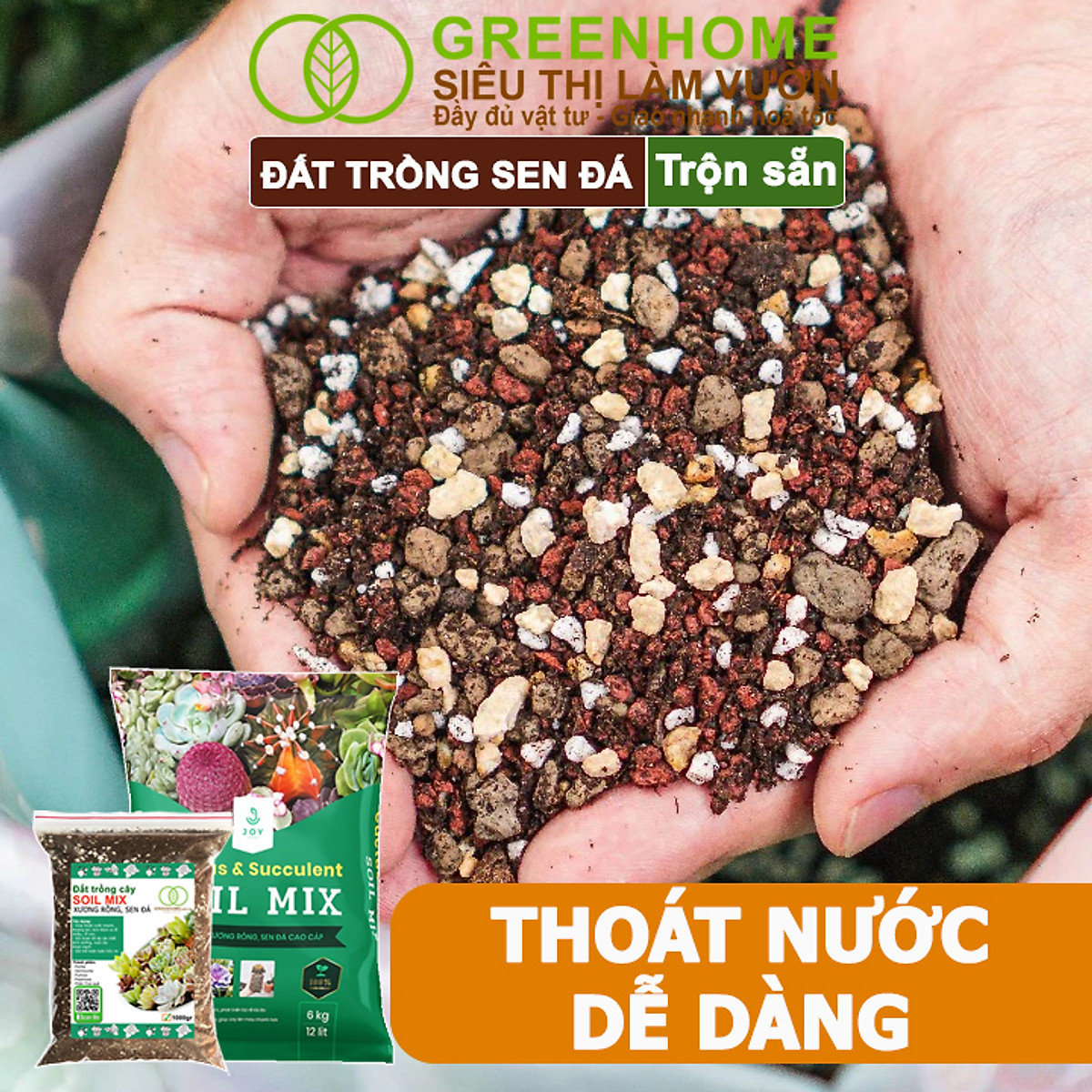 Đất Trồng Sen Đá Greenhome, Soil Mix, Bao 6kg, Trộn Sẵn, 85% Đá Khoáng, Phát Rễ Nhanh, Lên Màu Nhanh, Thoát Nước Tốt