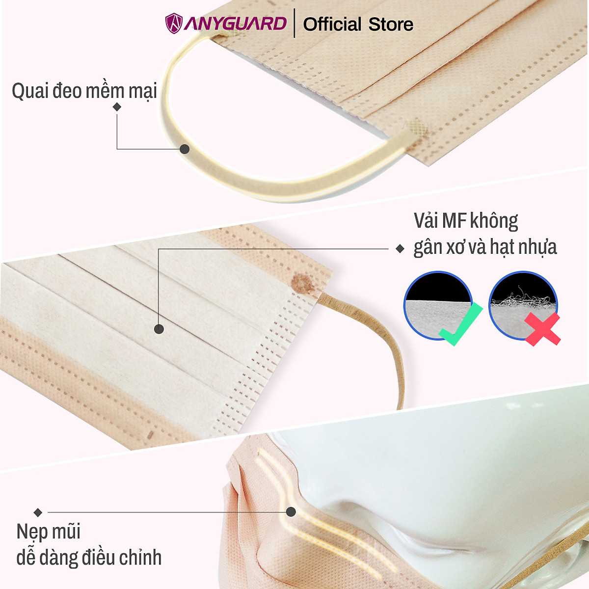 Hộp Khẩu Trang Y Tế ANYGUARD SENSE MAKE UP BASE Lọc 99% Vi Khuẩn, Màu Sắc Trendy, An Toàn Da Nhạy Cảm Dành Cho Người Lớn (Hộp 30 Chiếc/ Màu Kem, Be, Hồng, Hồng Cam Đất)