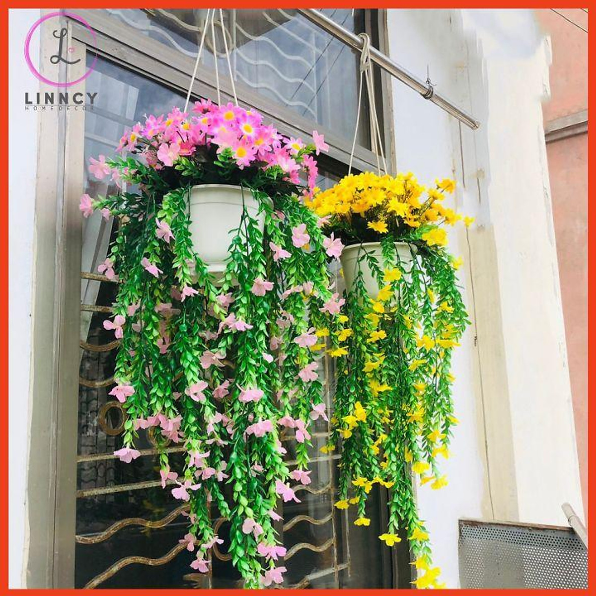 Giỏ Hoa Treo Tường Chậu Hoa Giả Dài 80cm Trang Trí Ban Công Lối Đi Tuyệt Đẹp Cắm Sẵn Y Hình